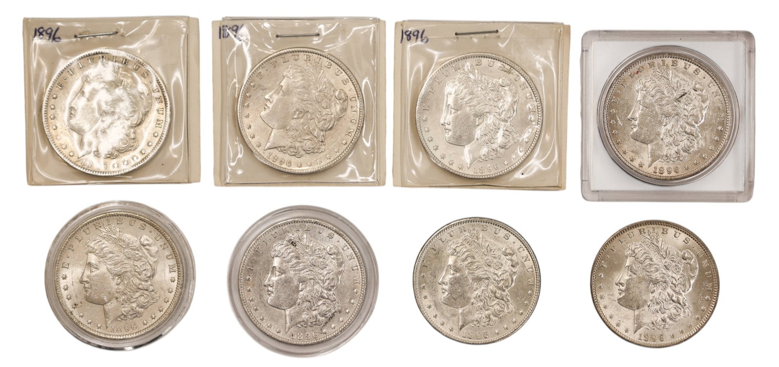 8pc 1896 US Morgan Silver Dollars: 8pc 1896 US Morgan Silver Dollars. MS-64 to AU-50 condition per consignor notes.