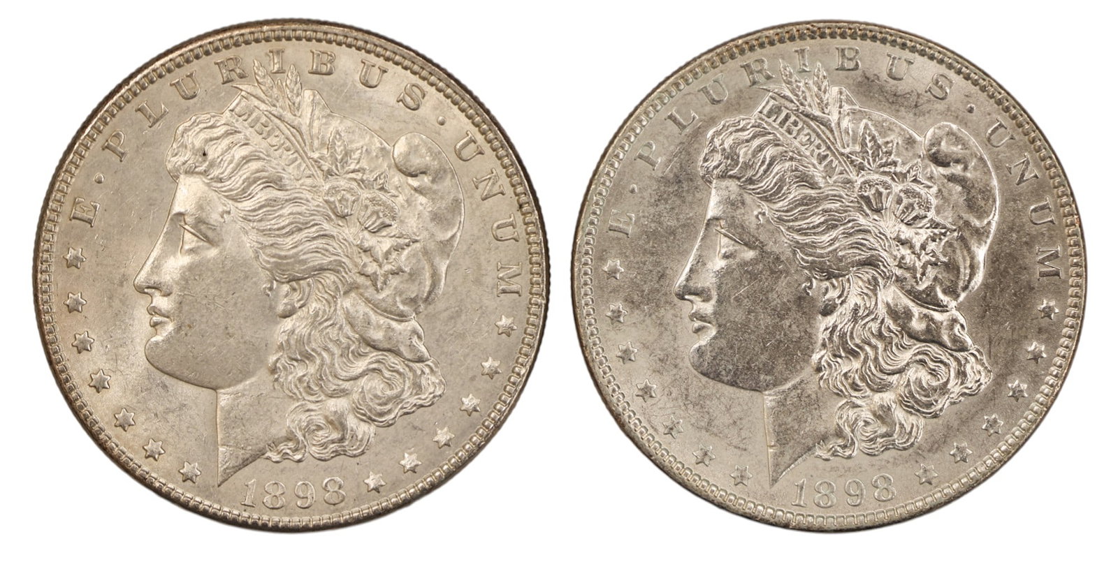 2pc 1898 US Morgan Silver Dollars: 2pc 1898 US Morgan Silver Dollars. MS-64 condition per consignor notes.