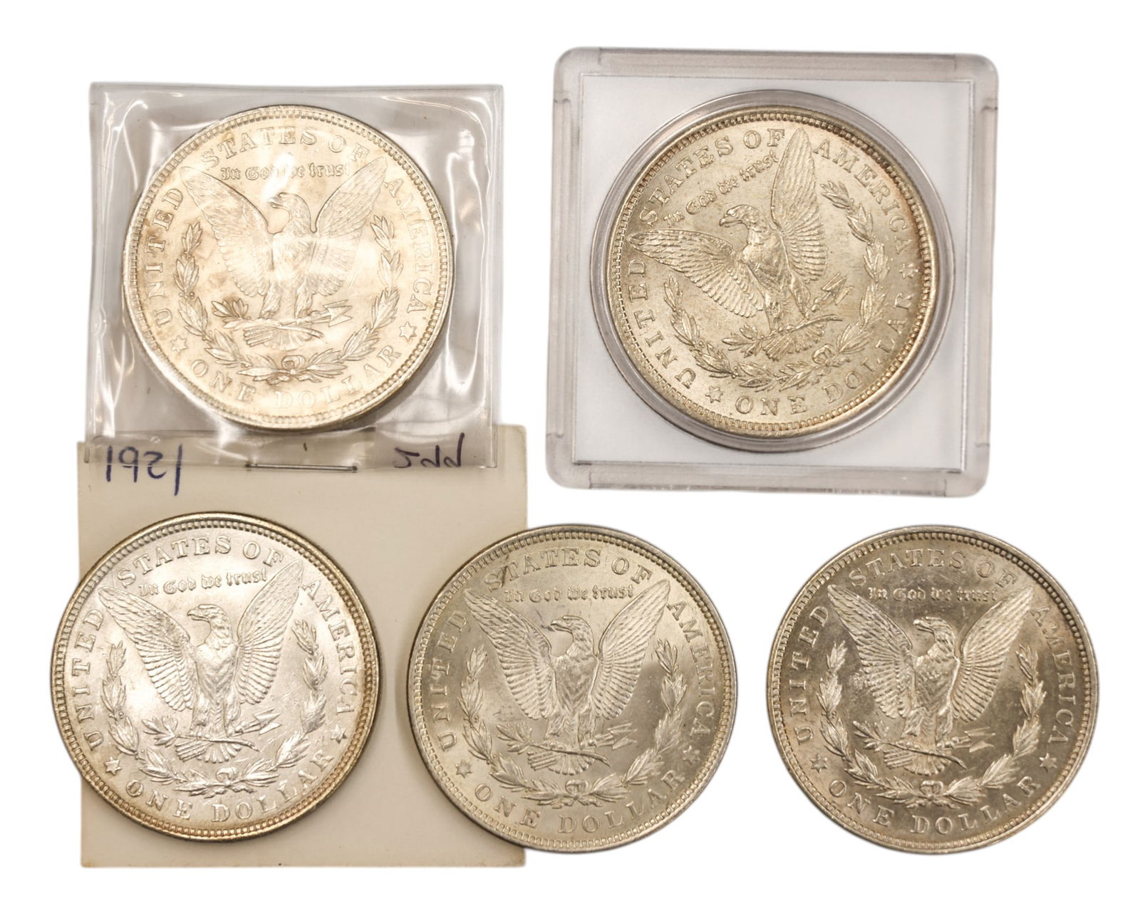 5pc 1921 US Morgan Silver Dollars - 2