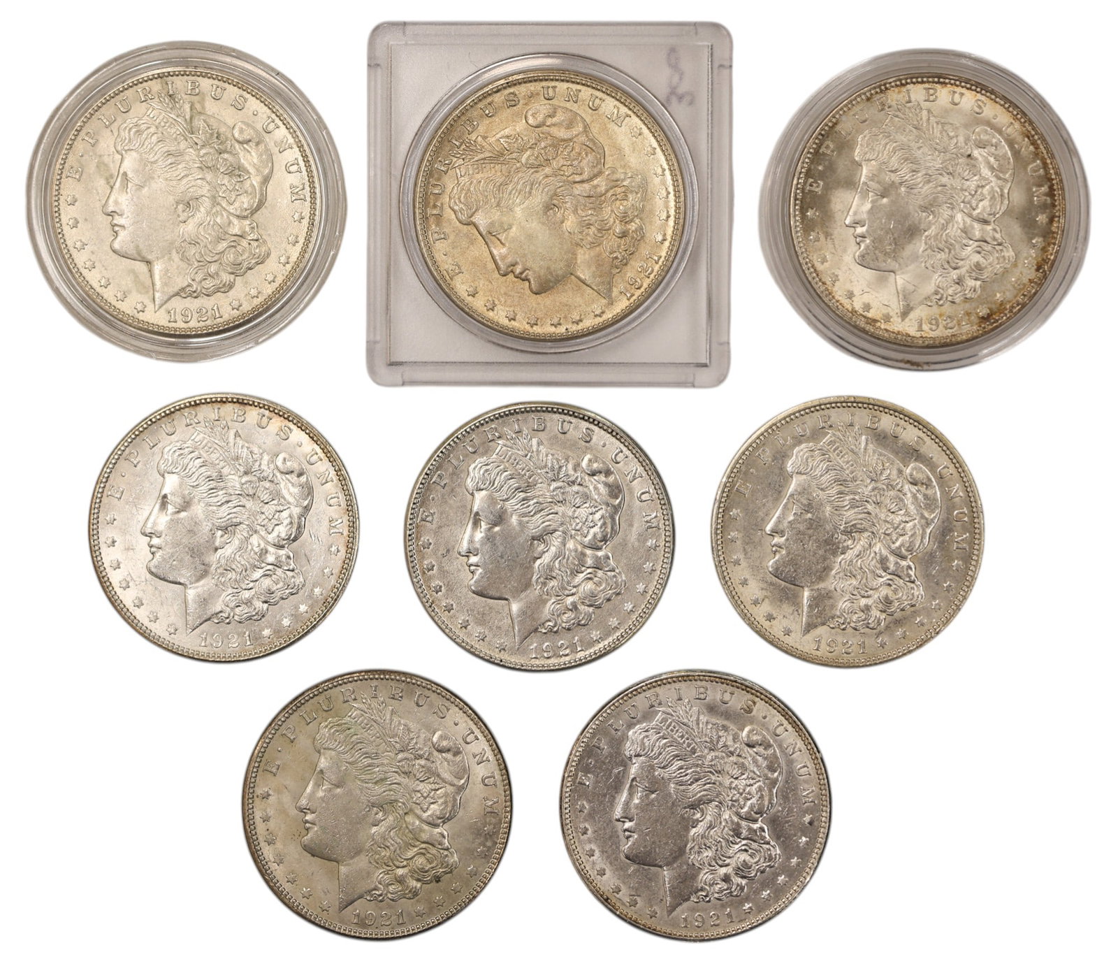 8pc 1921-D/S US Morgan Silver Dollars: 8pc 1921-D/S US Morgan Silver Dollars. MS-60 to AU-50 condition per consignor notes.