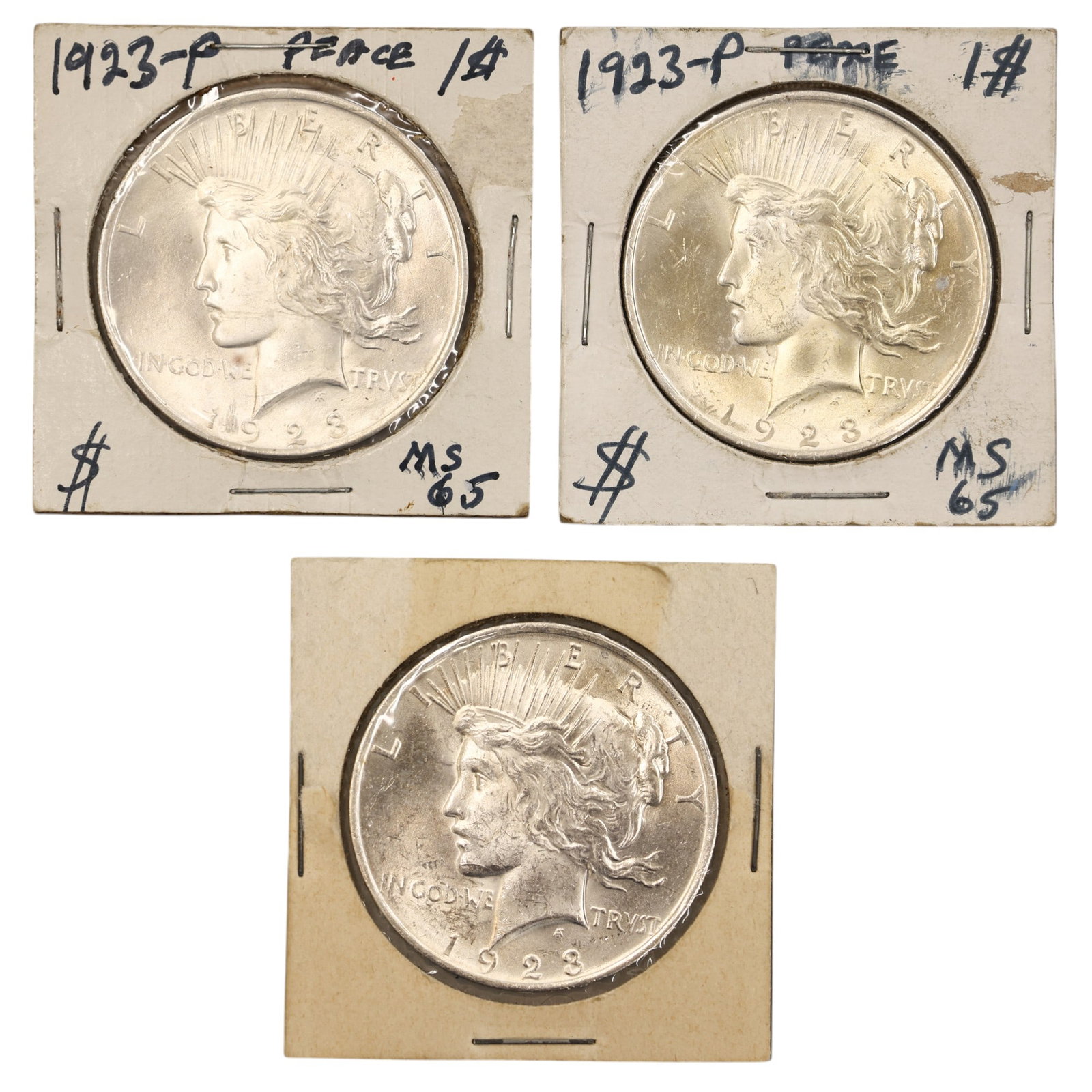 3pc 1923 US Peace Silver Dollars: 3pc 1923 US Peace Silver Dollars. MS-65 to MS-63 condition per consignor notes.