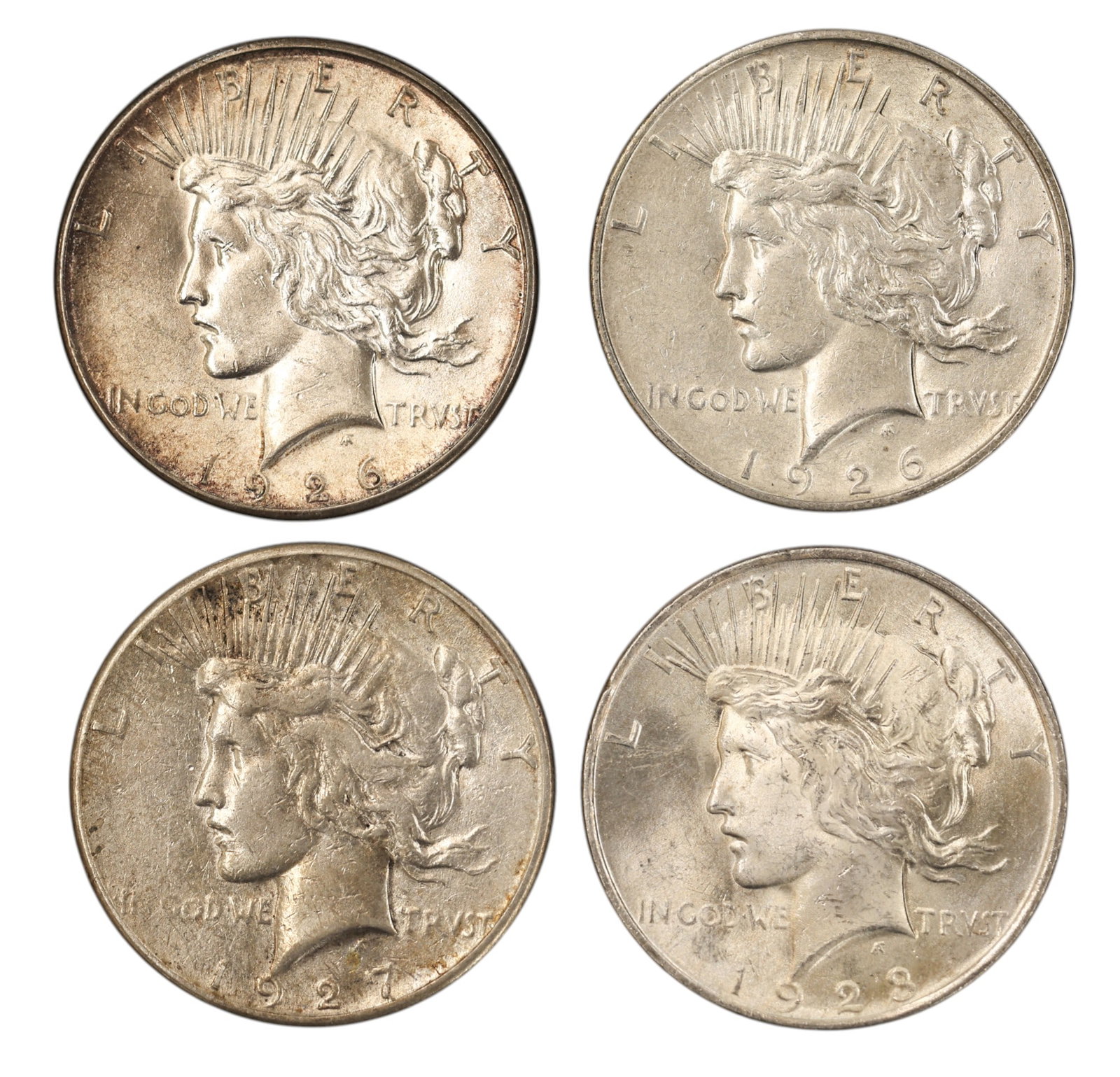 4pc 1926-1928 US Peace Silver Dollars: 4pc 1926-1928 US Peace Silver Dollars. MS-63 to AU-50 condition per consignor notes.