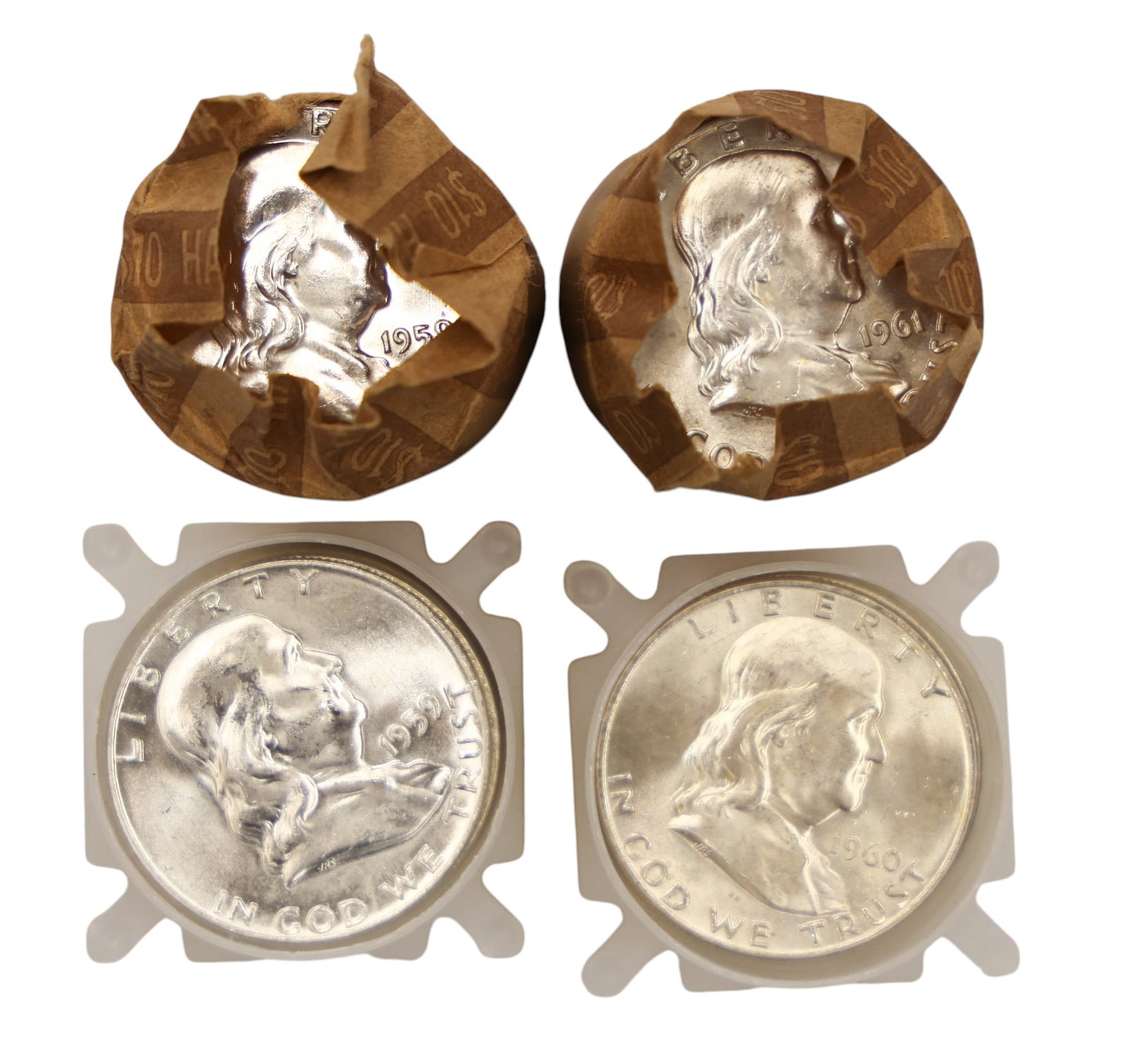 78pc US Franklin Silver Half Dollars Uncirculated Rolls 1959-1961: 78pc US Franklin Silver Half Dollars Uncirculated Rolls 1959-1961. Investor lot including two bank rolls and two tubes.