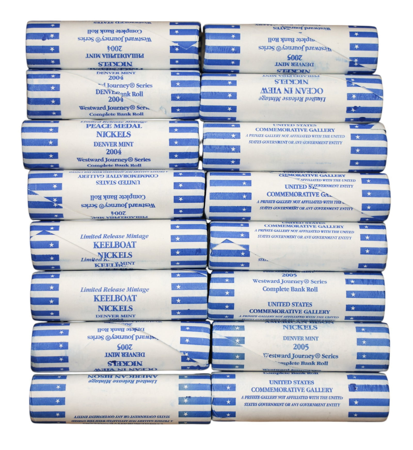 16pc US Nickel Bank Rolls 2004-2005: 16pc US Nickel Bank Rolls 2004-2005. Includes Peace Medal, Keelboat, Ocean in View, and American Bison nickels