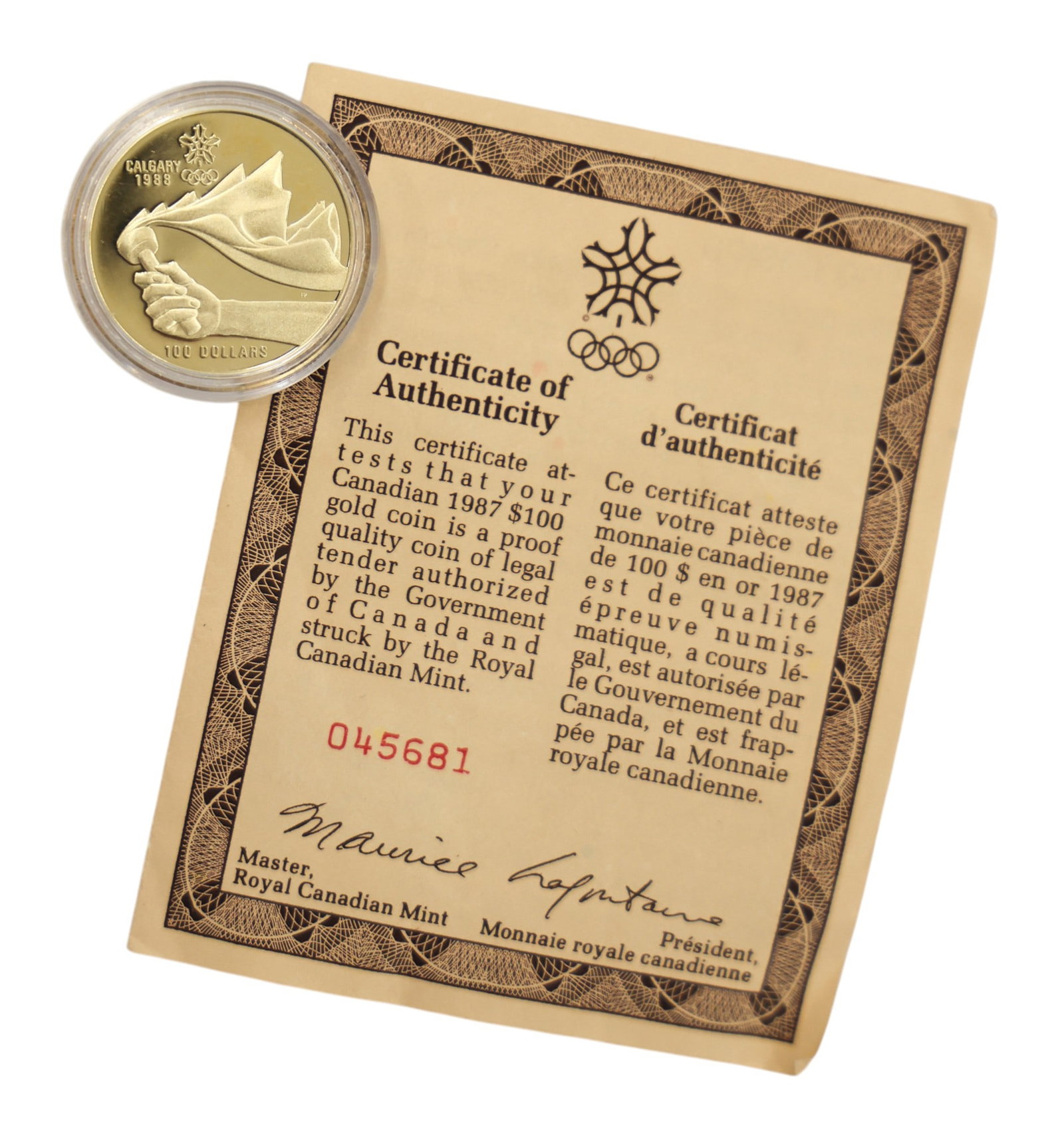 1987 Canadian Calgary Olympics $100 Gold 1/4oz Proof Coin: 1987 Canadian Calgary Olympics $100 Gold 1/4oz Proof Coin with Certificate