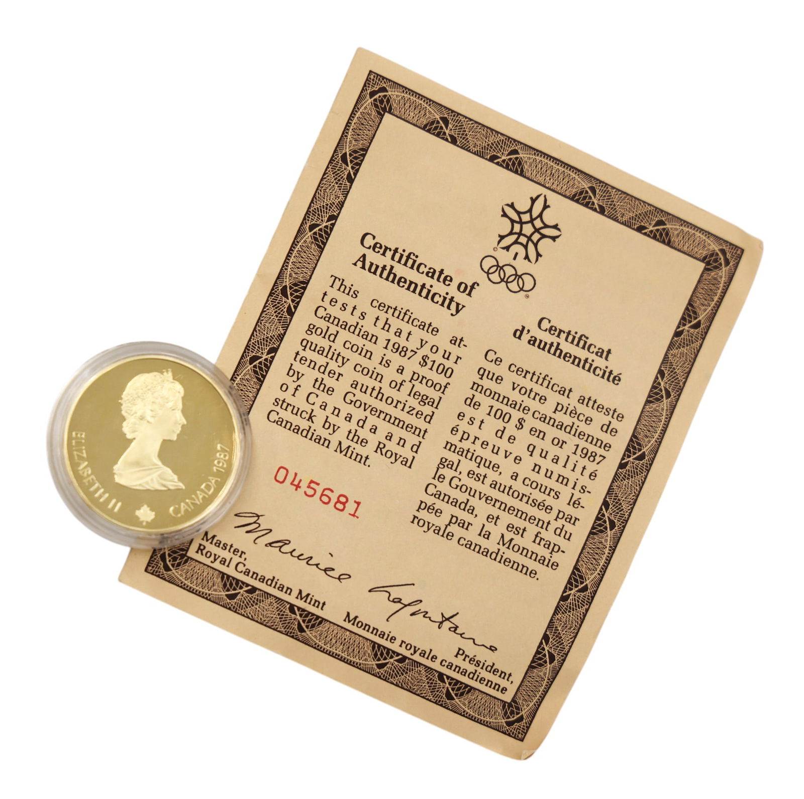 1987 Canadian Calgary Olympics $100 Gold 1/4oz Proof Coin - 2