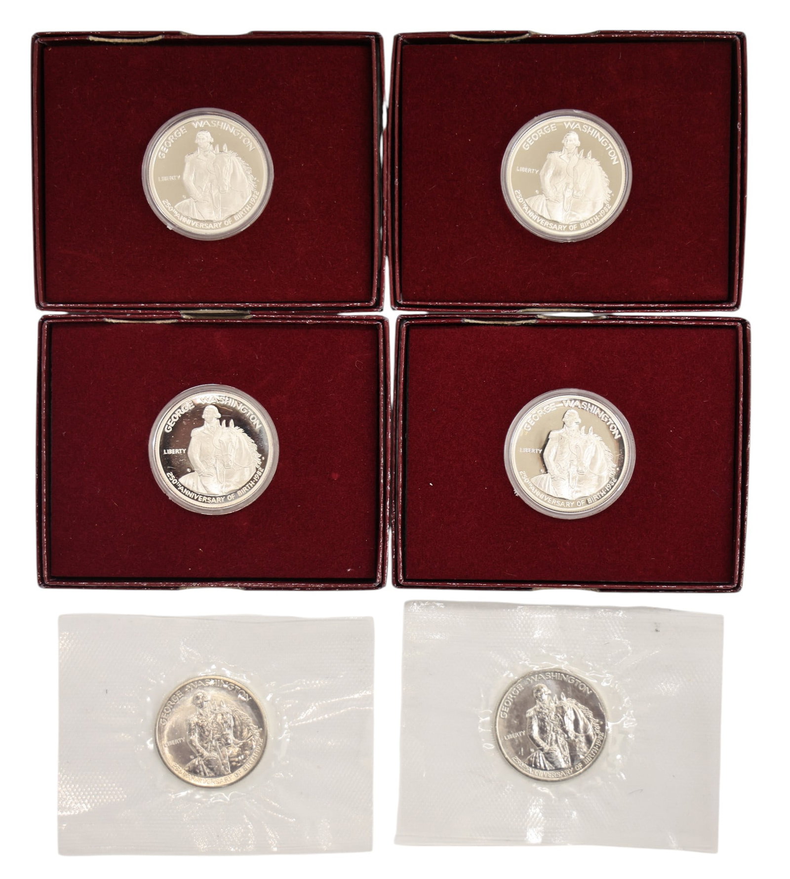 6pc US 1982 George Washington 90% Silver Half Dollars: 6pc US 1982 George Washington 90% Silver Half Dollars in Boxes and Pouches. Four are proof coins.