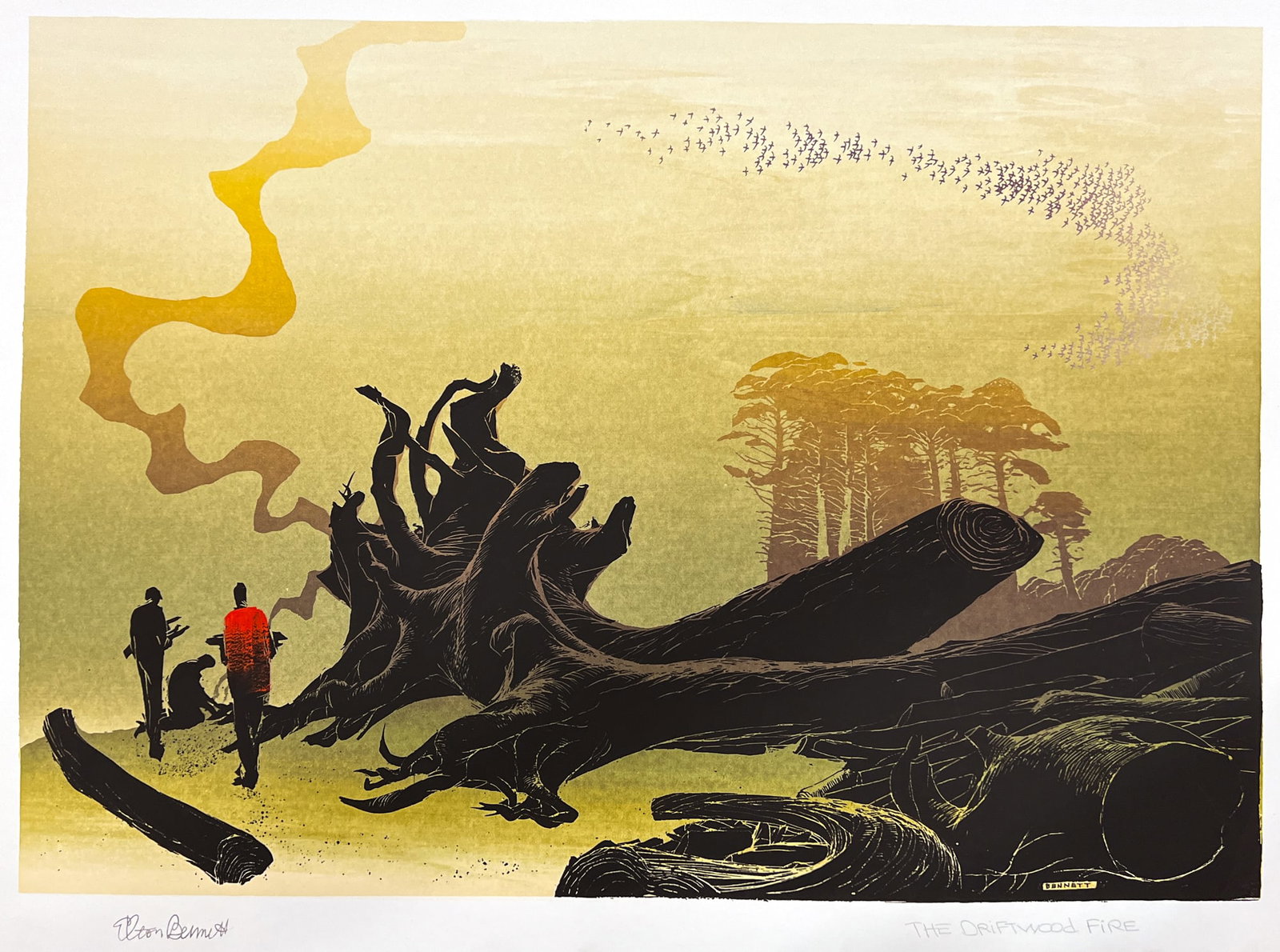 Elton Bennett "The Driftwood Fire" Serigraph: Elton Bennett (1910-1974 Washington) "The Driftwood Fire" Serigraph 19"x25" Sheet. Loose, unframed. Pencil signed lower left. Excellent condition.