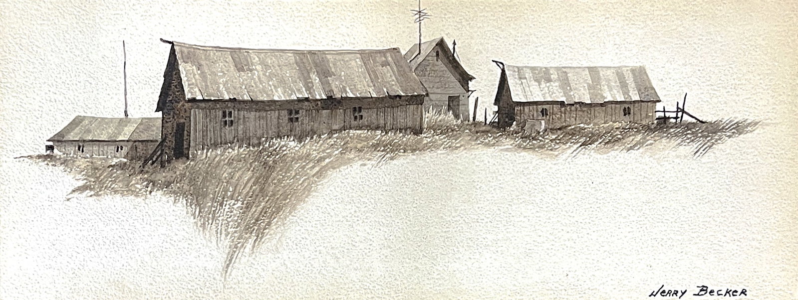 Jerry Becker "Homestead in the Meadow" Watercolor on Board: Jerry Becker (1928-2024 Washington) "Homestead in the Meadow" Watercolor on Board 5"x13.5" Image 12.5"x21.5" Framed. Signed lower right. Excellent condition, not examined outside of framing.