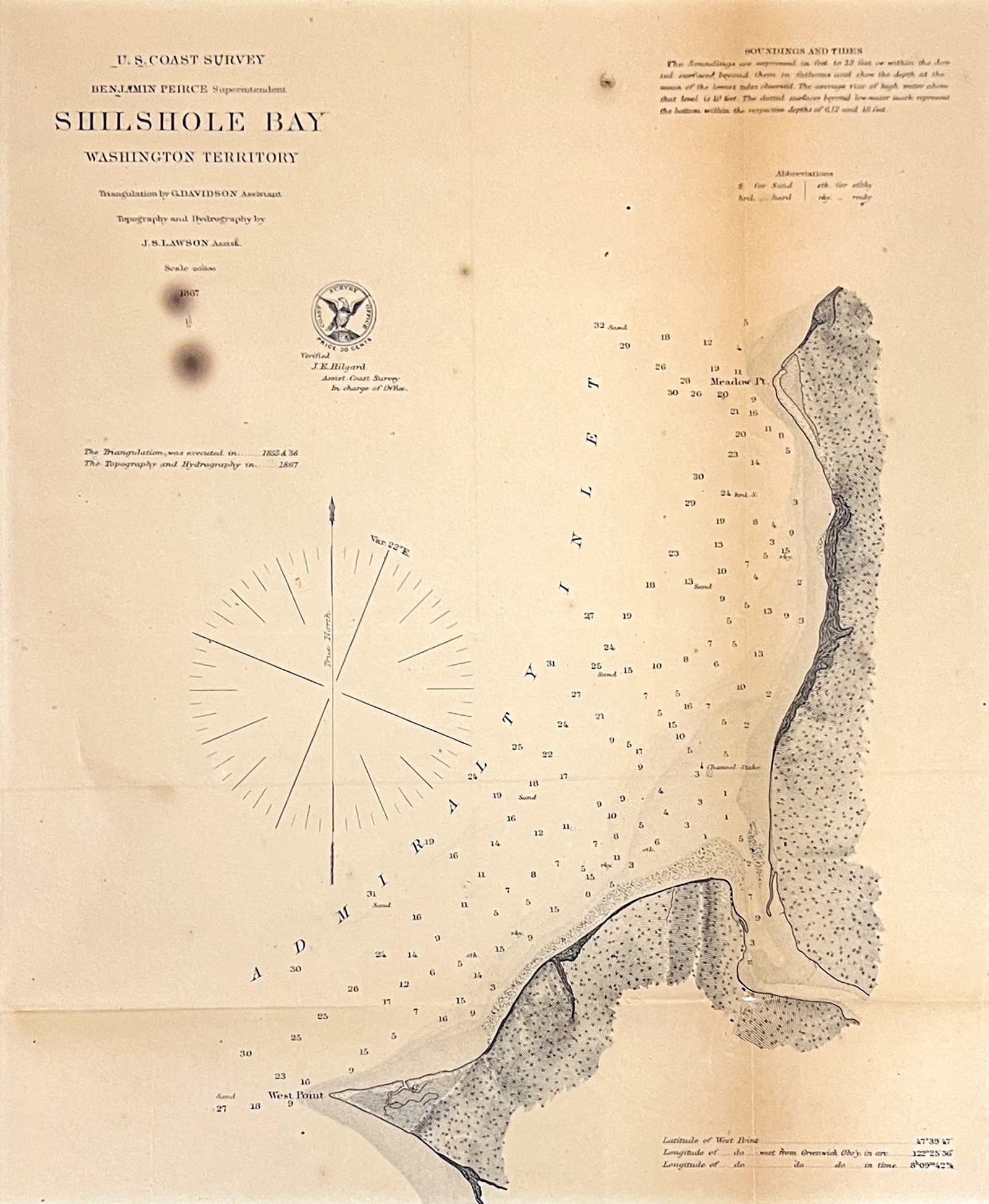 Antique "Shilshole Bay, Washington Territory" 1867 Map Etching: Antique "Shilshole Bay, Washington Territory" 1867 Map Etching 12"x9.5" Image 17"x15" Framed. Overall excellent condition, some minor foxing to upper left, minor toning throughout, not examined