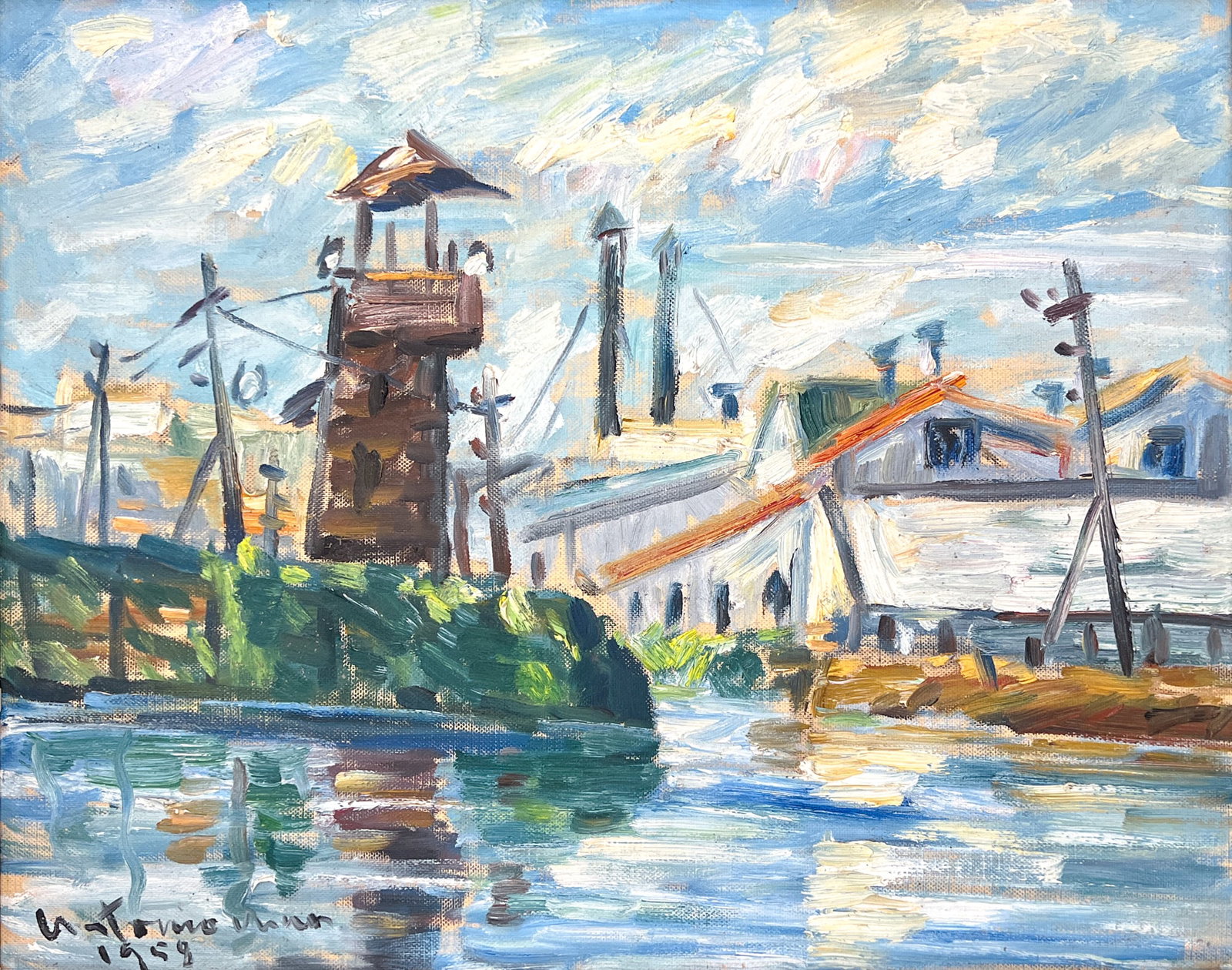 Artist Unknown "Overlook on the Harbor" 1958 Oil on Canvas Board: Artist Unknown "Overlook on the Harbor" 1958 Oil on Canvas Board 15"x20" Image 18"x22" Framed. Illegibly signed lower left. Excellent condition, not examined outside of framing.
