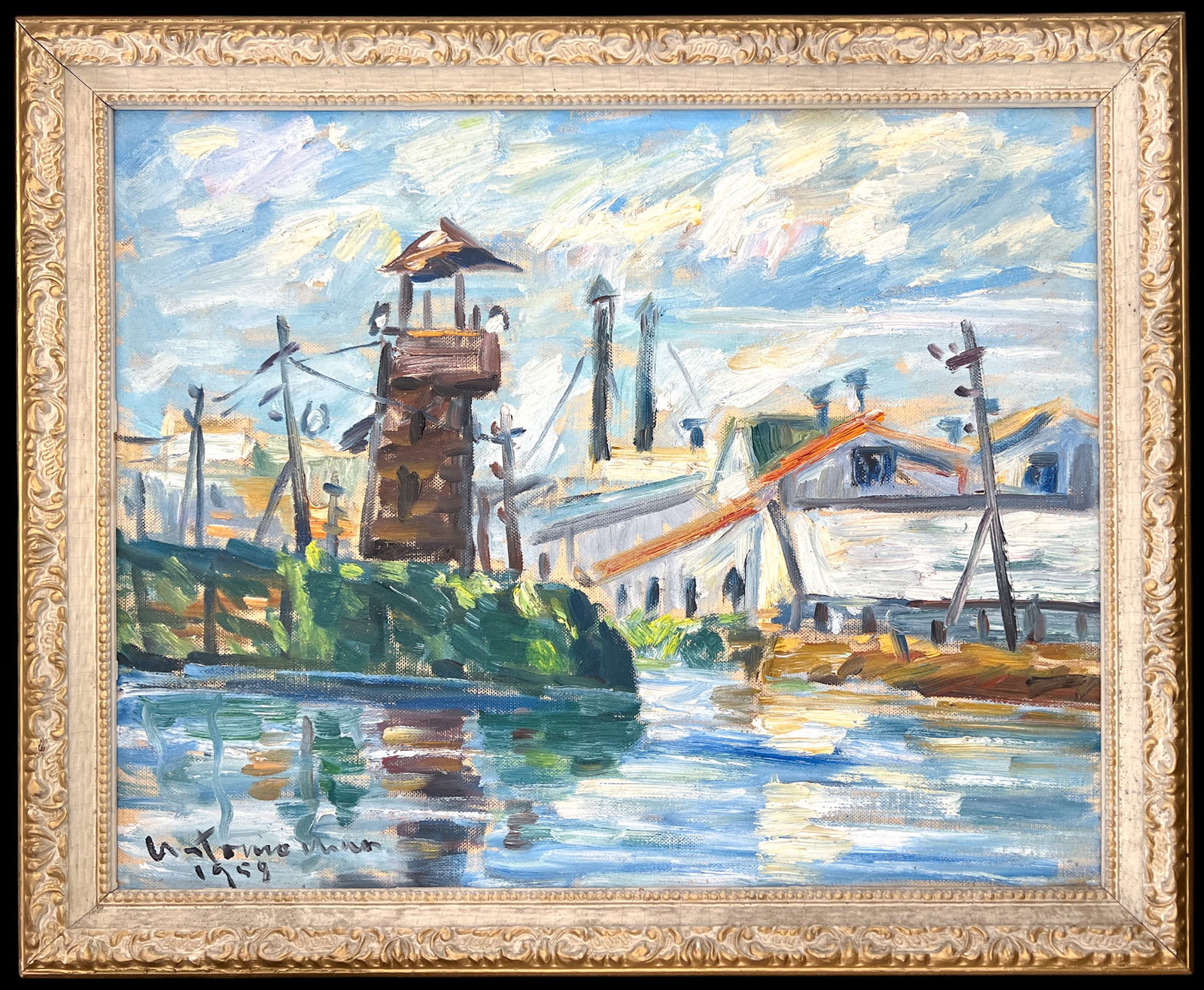 Artist Unknown "Overlook on the Harbor" 1958 Oil on Canvas Board - 2