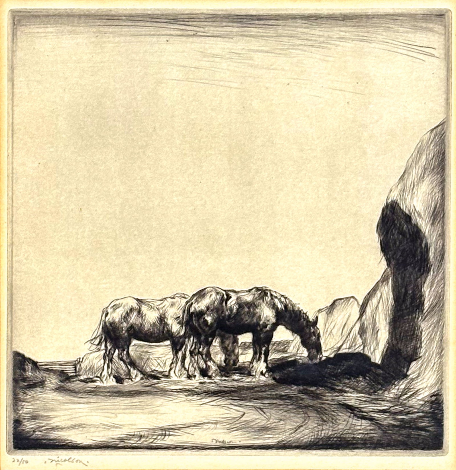 John Nicolson "Ponies Grazing" Etching: John Nicolson (1891-1951 Scottish) "Ponies Grazing" Etching 1"x10.5" Image 18"x16" Framed. Pencil signed lower left and numbered 22 of 50. Excellent condition, not examined outside of framing.