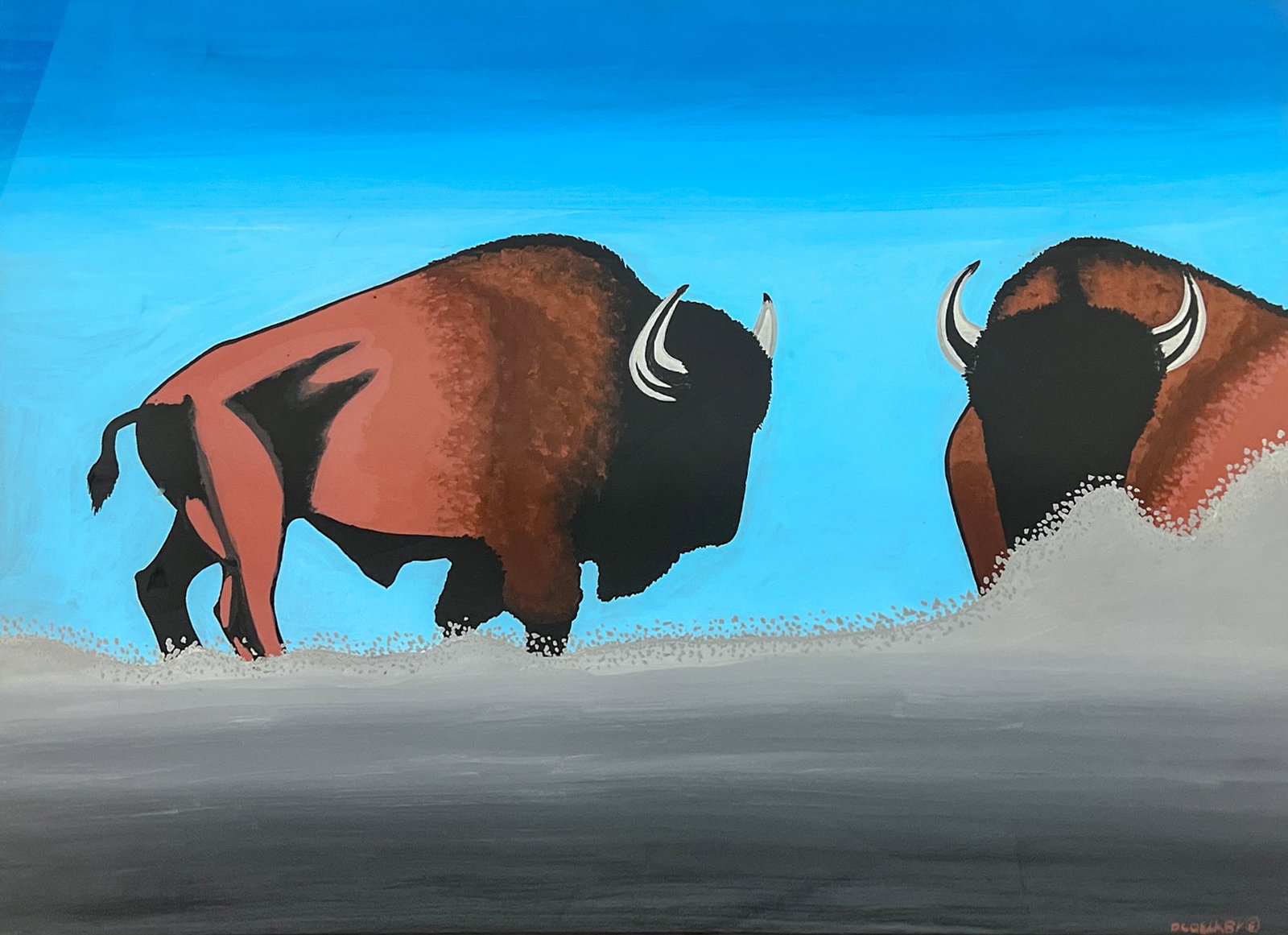 Artist Unknown "Two Bison" Acrylic on Paper: Artist Unknown "Two Bison" Acrylic on Paper 21.5"x27" Image 29"x35.5" Framed. Signed "Dcoelk(?)" lower right. Excellent condition, not examined outside of framing.