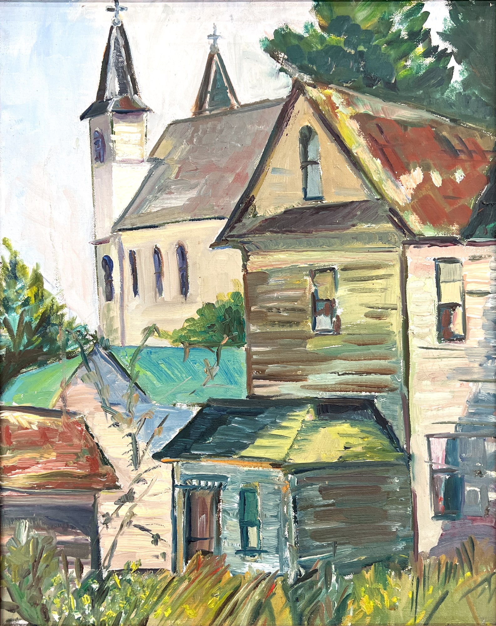 Marjorie Bonath "House and Chapel" Oil on Canvas: Marjorie Bonath (1907-1977 Canadian/American) "House and Chapel" Oil on Canvas 22.5"x18.5" Framed. Signed on verso. Excellent condition, not examined outside of framing.