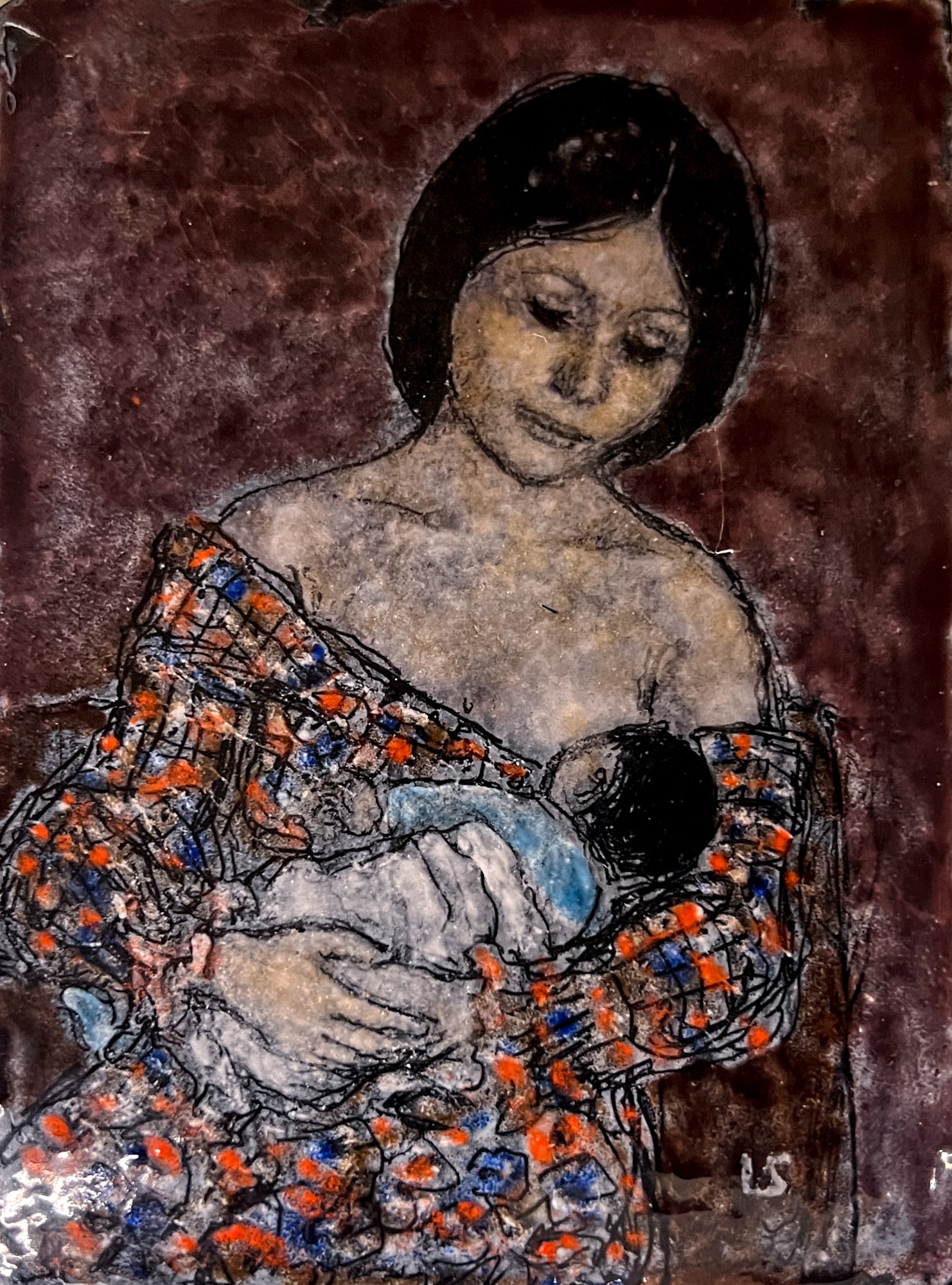 Lisel Salzer "Mother and Child" Limoges Enamel: Lisel Salzer (1906-2005 Washington) "Mother and Child" Limoges Enamel 5.5"x4" Image Unframed. Initialed lower right. Some chipping along edge.