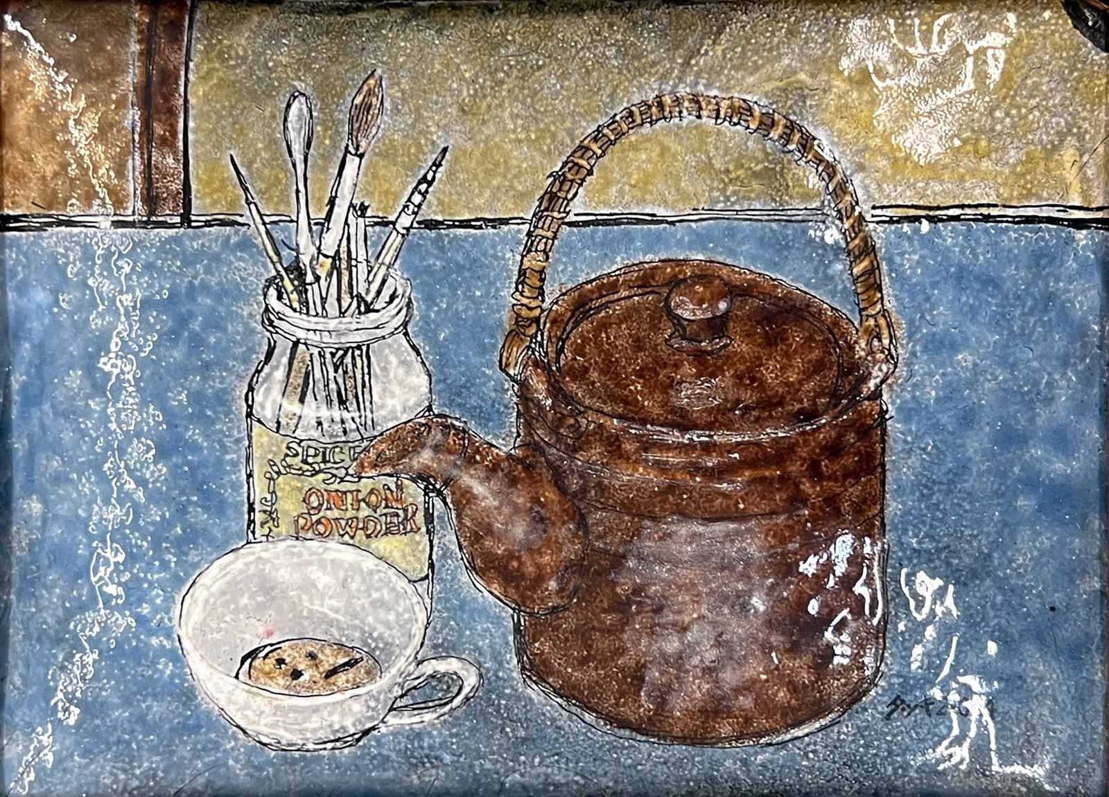 Tatsuki Kobayashi "Still Life" 1974 Limoges Enamel: Tatsuki Kobayashi (1940-2025 Japanese/American) "Still Life" 1974 Limoges Enamel 4"x5.5" Image 8"x9.5" Framed. Signed lower right. Small chip in upper right corner, overall excellent condition.