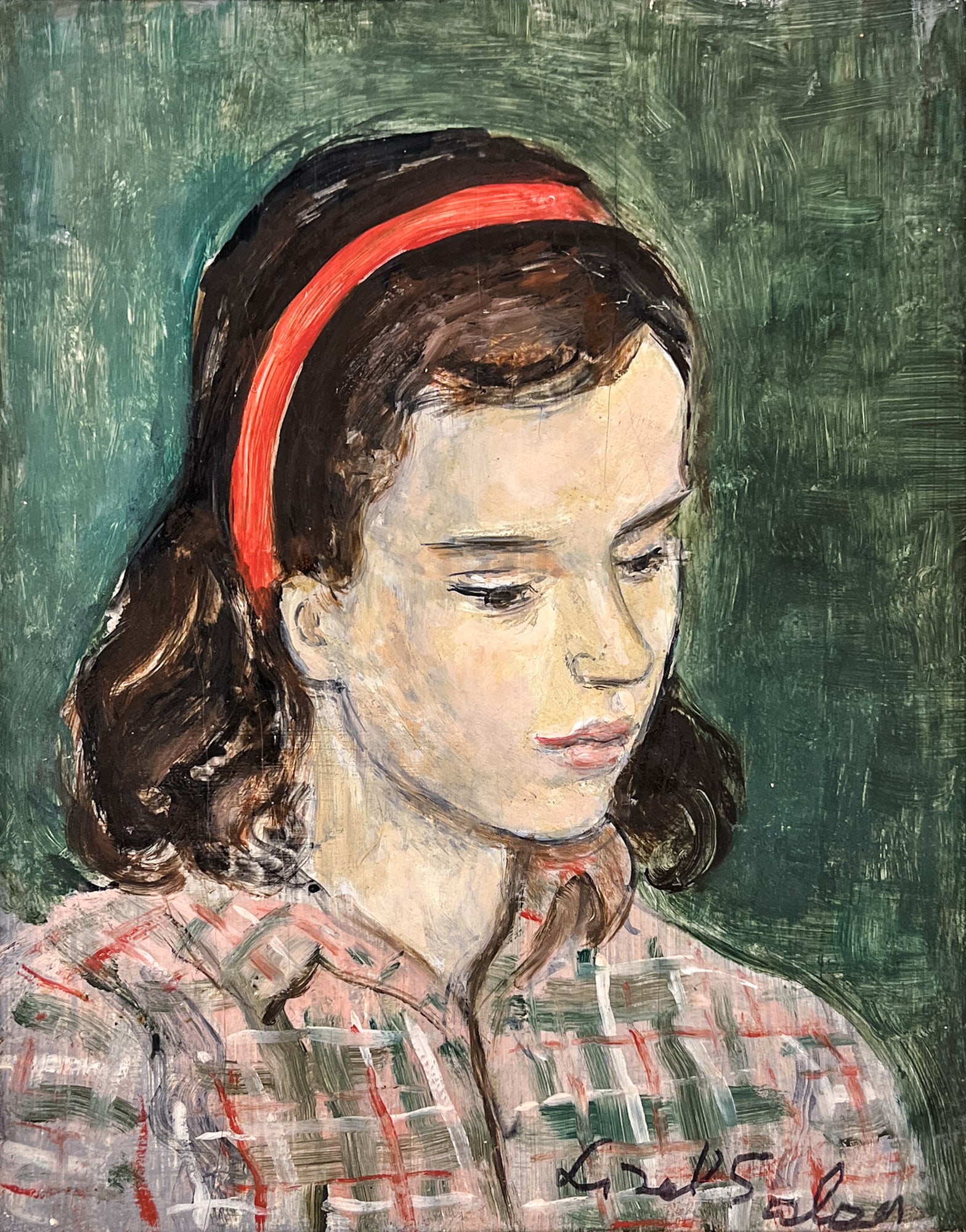 Lisel Salzer "Red Headband" Acrylic on Board: Lisel Salzer (1906-2005 Washington) "Red Headband" Acrylic on Board 11"x8.5" Image 14.5"x12.5" Framed. Signed lower right. Excellent condition, not examined outside of framing.