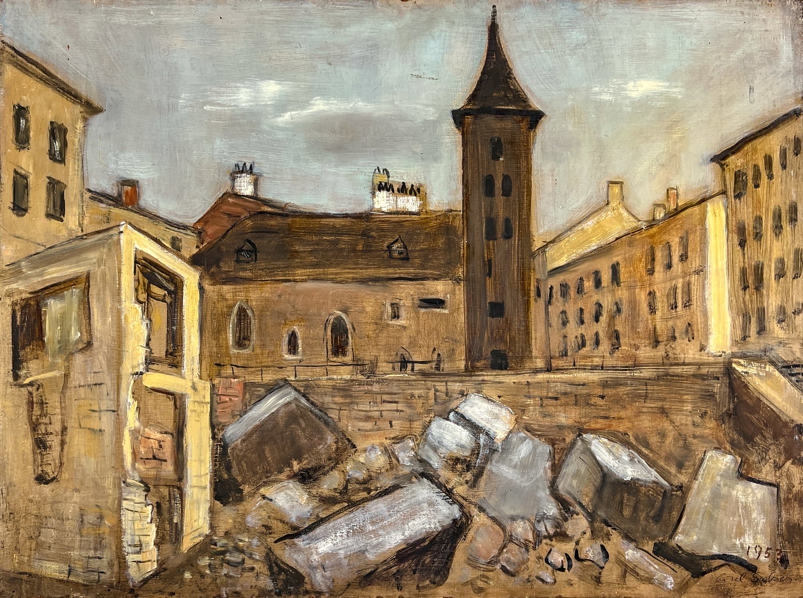 Lisel Salzer "Dry Canal" 1953 Oil on Board: Lisel Salzer (1906-2005 Washington) "Dry Canal" 1953 Oil on Board 18"x24" Unframed. Signed lower right. Minor paint loss along edges.