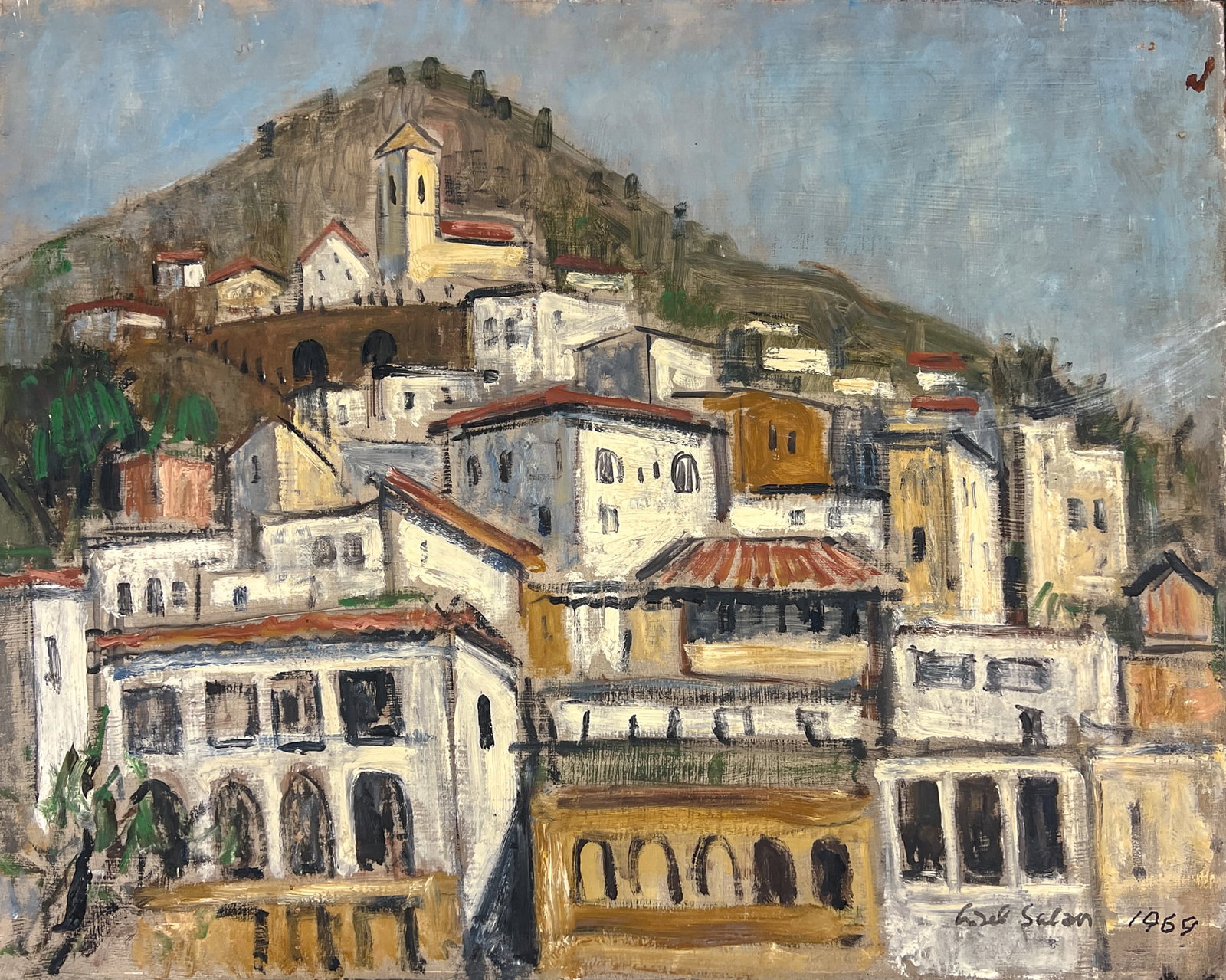 Lisel Salzer "Mediterranean Village" 1969 Oil on Board: Lisel Salzer (1906-2005 Washington) "Mediterranean Village" 1969 Oil on Board 24"x30" Unframed. Signed lower right. Minor paint loss along edges.