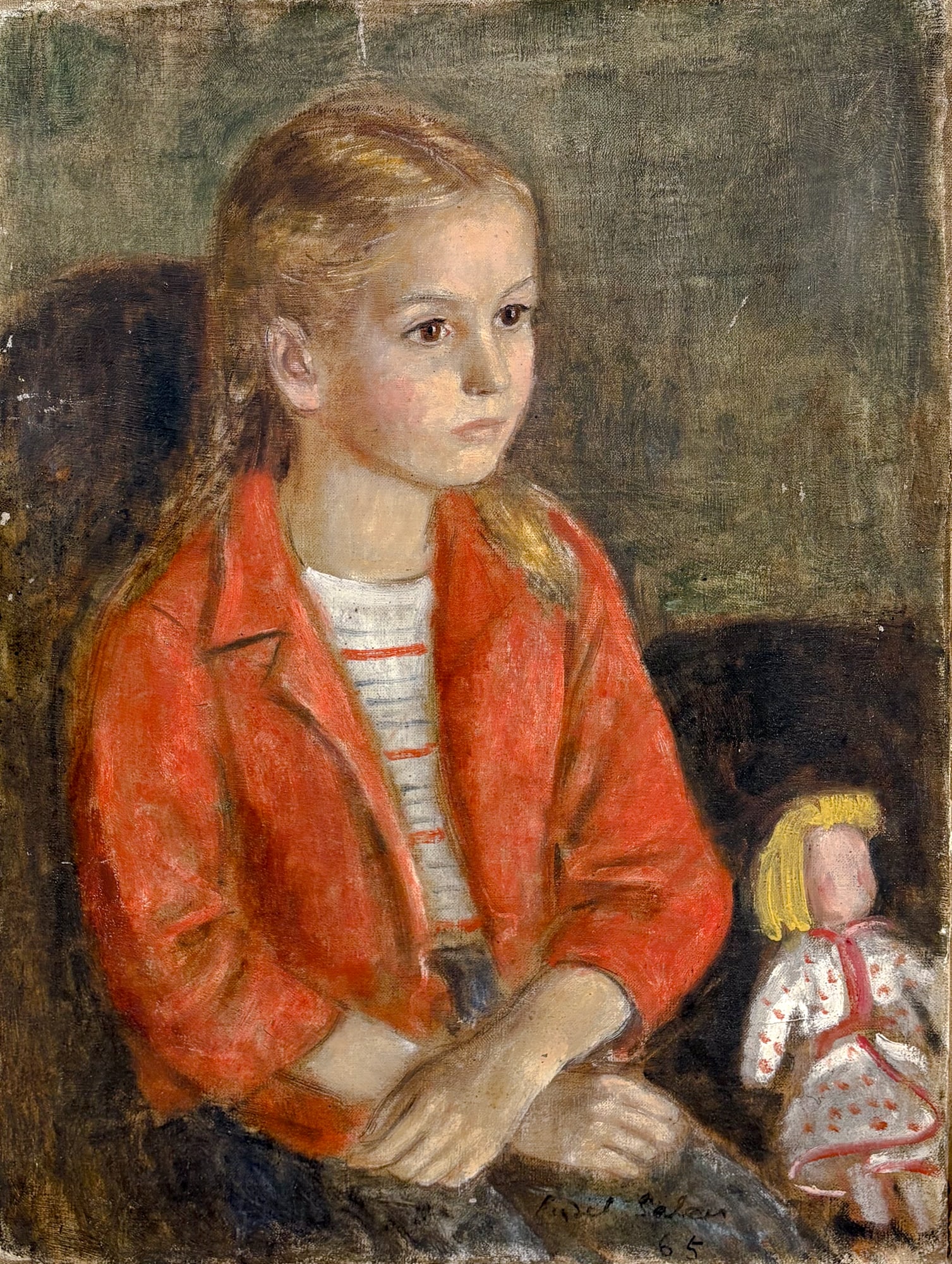 Lisel Salzer "Girl in the Red Jacket" 1965 Oil on Canvas: Lisel Salzer (1906-2005 Washington) "Girl in the Red Jacket" 1965 Oil on Canvas 26"x20" Unframed. Signed lower right. Minor paint loss along edges.