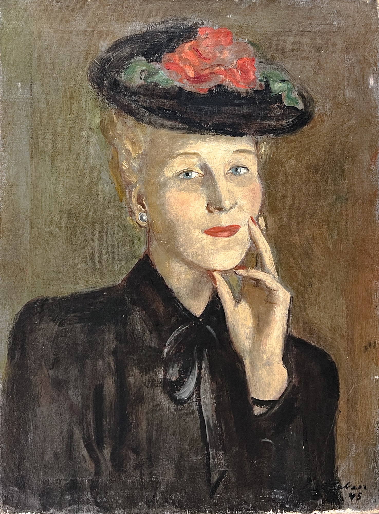 Lisel Salzer "Woman with Red Nail Polish" 1945 Oil on Canvas: Lisel Salzer (1906-2005 Washington) "Woman with Red Nail Polish" 1945 Oil on Canvas 24"x18" Unframed. Signed lower right. Minor surface scratches.