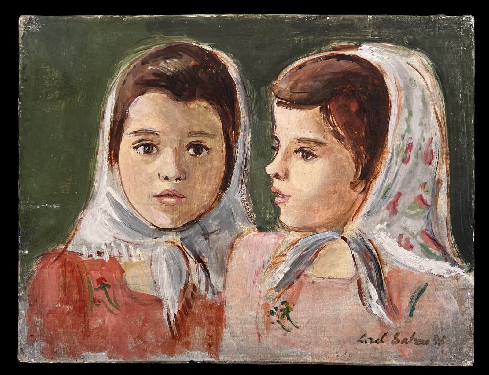 Lisel Salzer "Two Girls with Head Scarves" 1946 Oil on Board - 2