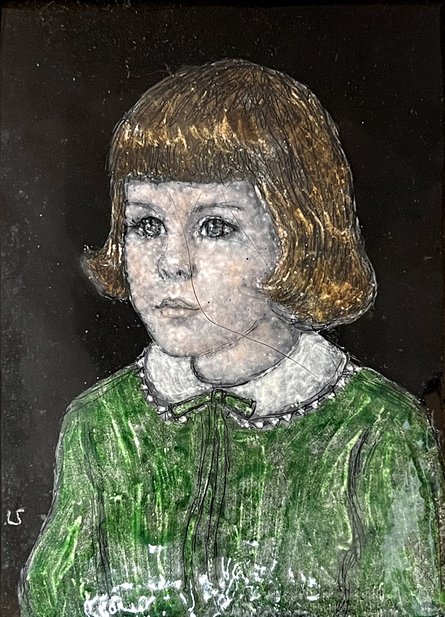 Lisel Salzer "Girl in Green Dress" Limoges Enamel: Lisel Salzer (1906-2005 Washington) "Girl in Green Dress" Limoges Enamel ion Copper 5.5"x4" Image 9.5"x8" Framed. Initialed lower left. Scratch across face.