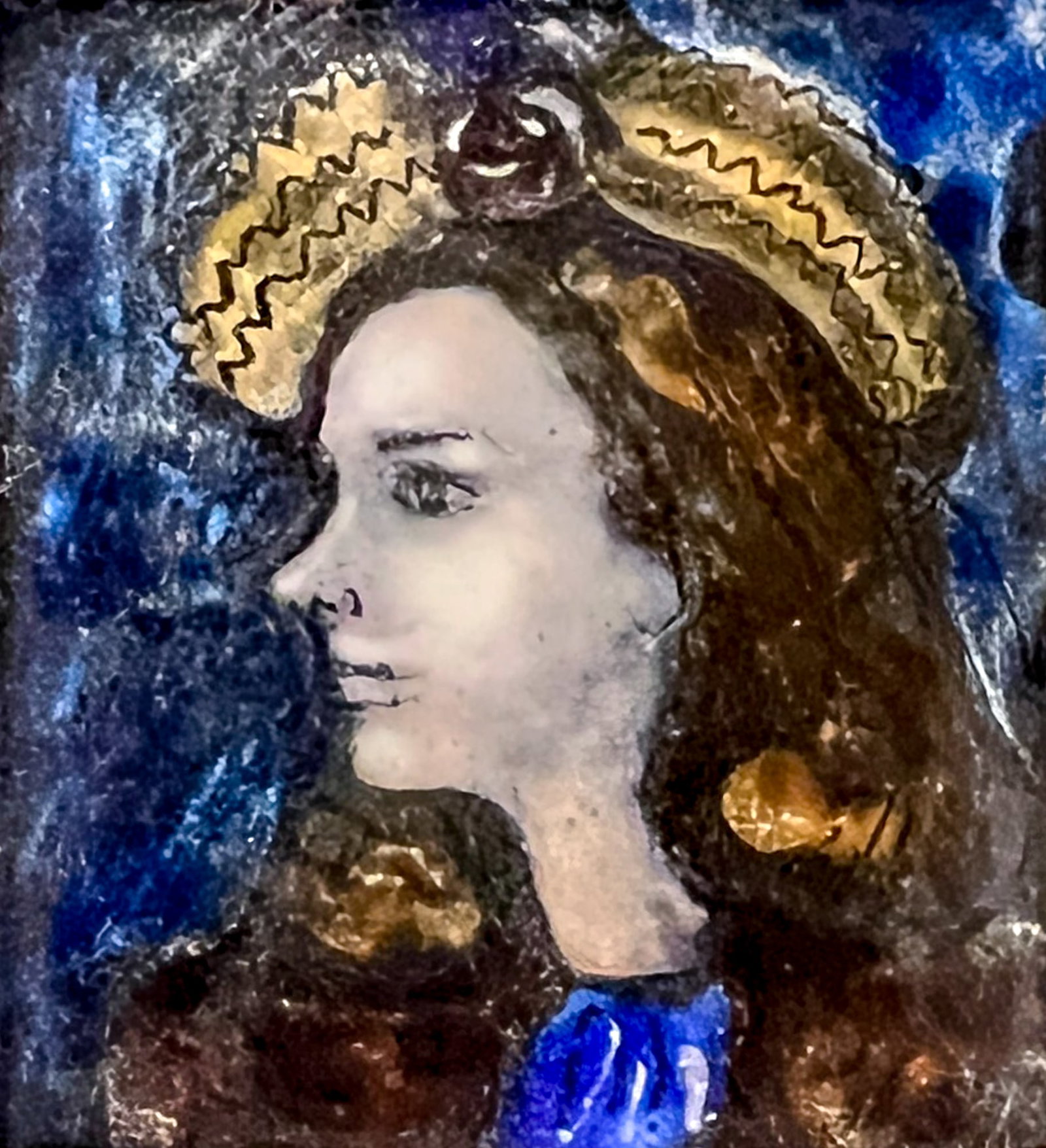 Lisel Salzer "Woman in Hat" Limoges Enamel: Lisel Salzer (1906-2005 Washington) "Woman in Hat" Limoges Enamel on Copper 2"x2" Image 4.25"x4" Matted. Unsigned. Excellent condition.