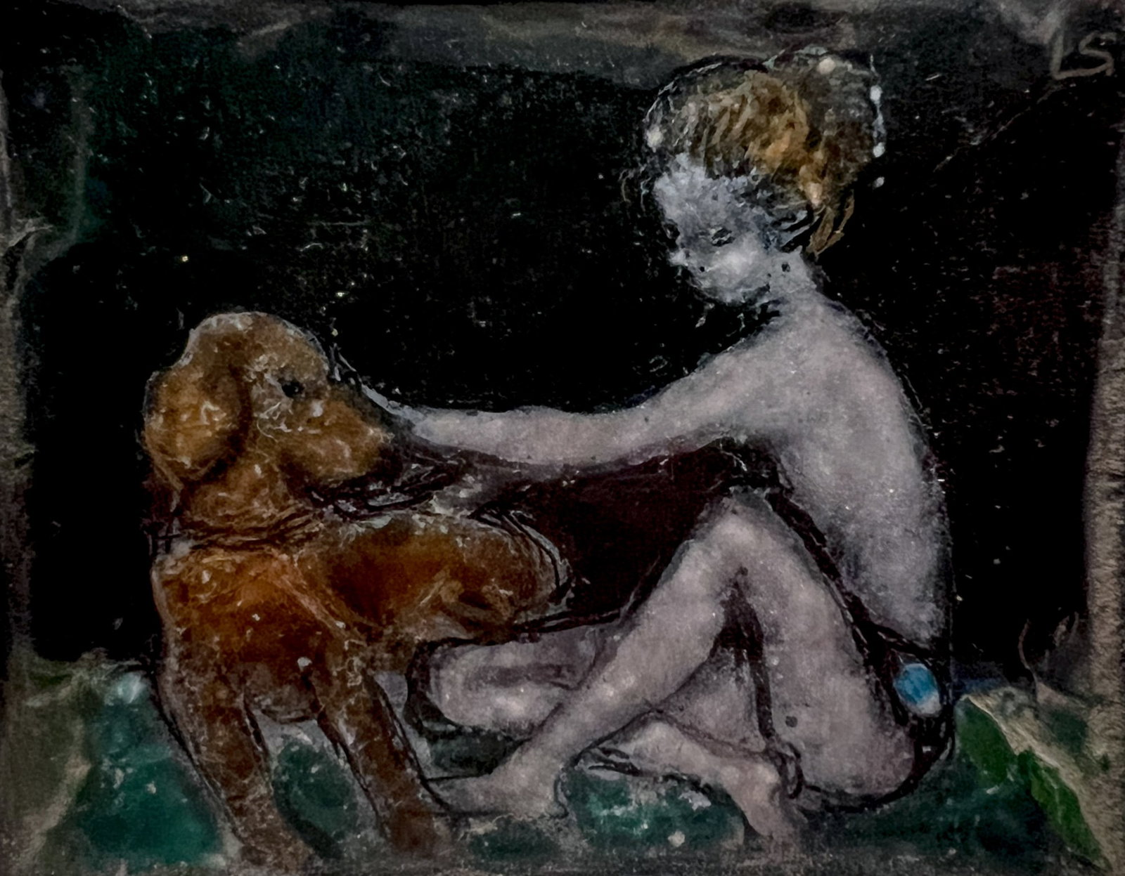 Lisel Salzer "Girl and Her Dog" Limoges Enamel: Lisel Salzer (1906-2005 Washington) "Girl and Her Dog" Limoges Enamel on Copper 1.75"x2.25" Framed. Initialed upper right. Excellent condition.