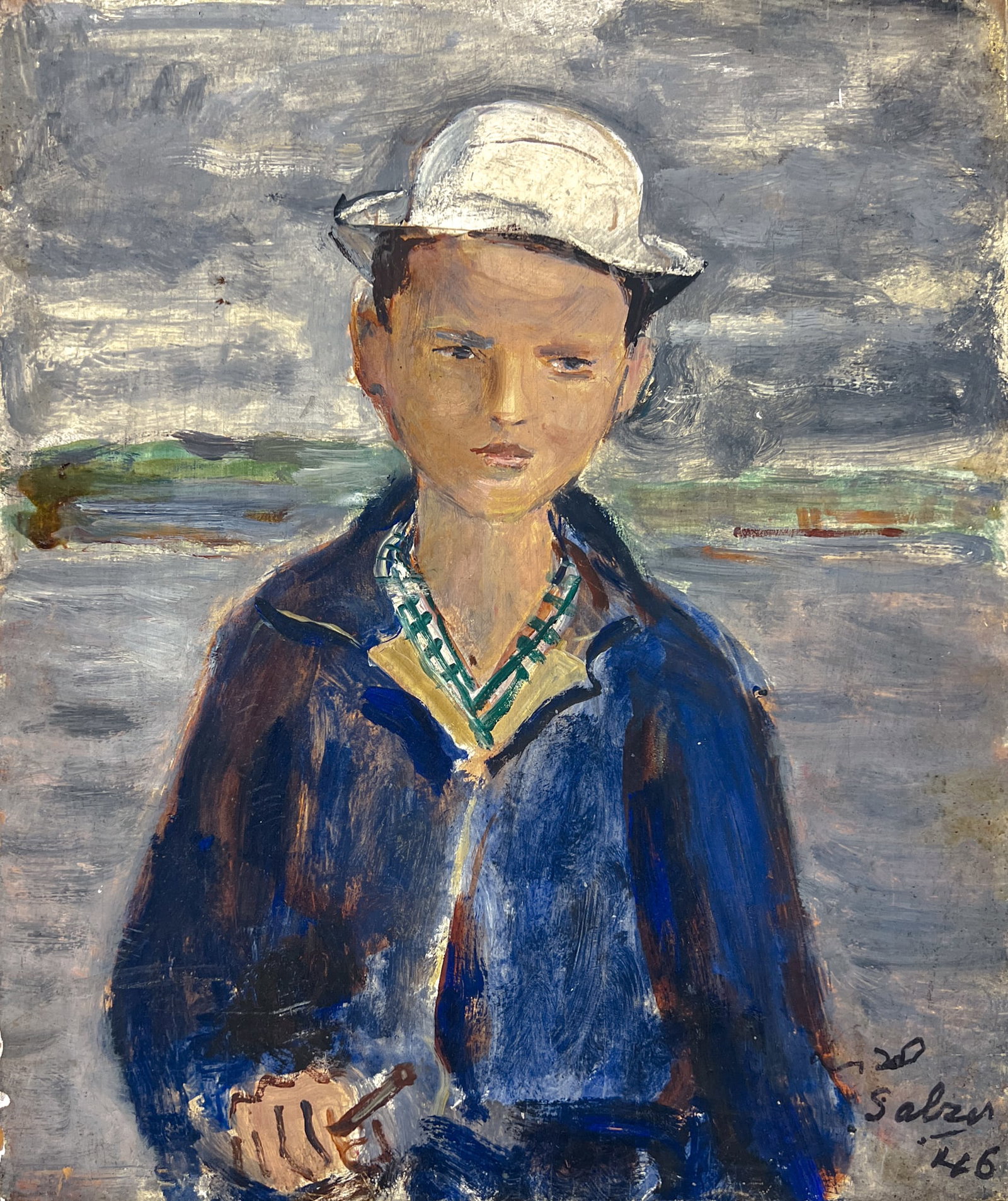 Lisel Salzer "Boy with the White Hat" 1946 Oil on Board: Lisel Salzer (1906-2005 Washington) "Boy with the White Hat" 1946 Oil on Board 12.5"x10.75" Unframed. Signed lower right. Minor paint loss along edges.