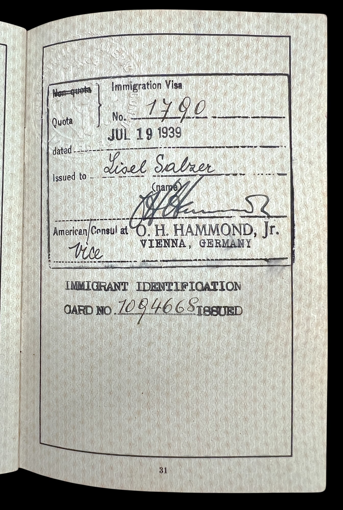 3pc Lisel Salzer 1938 Nazi Germany Passport & 1939 US DoL Immigrant ID Card - 8