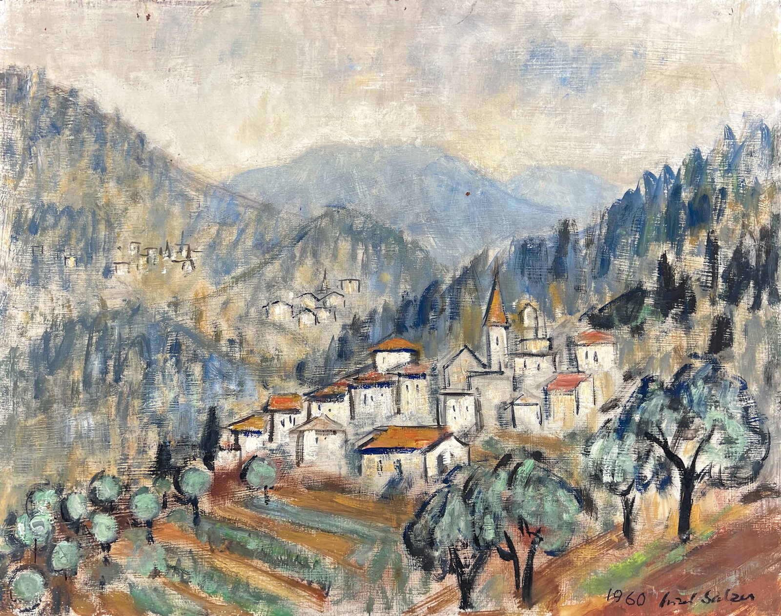 Lisel Salzer "Savignano" 1960 Oil on Board: Lisel Salzer (1906-2005 Washington) "Savignano" 1960 Oil on Board 22"x28" Unframed. Signed lower right. Includes Otto Seligman Gallery label on verso. Minor paint loss along edges.