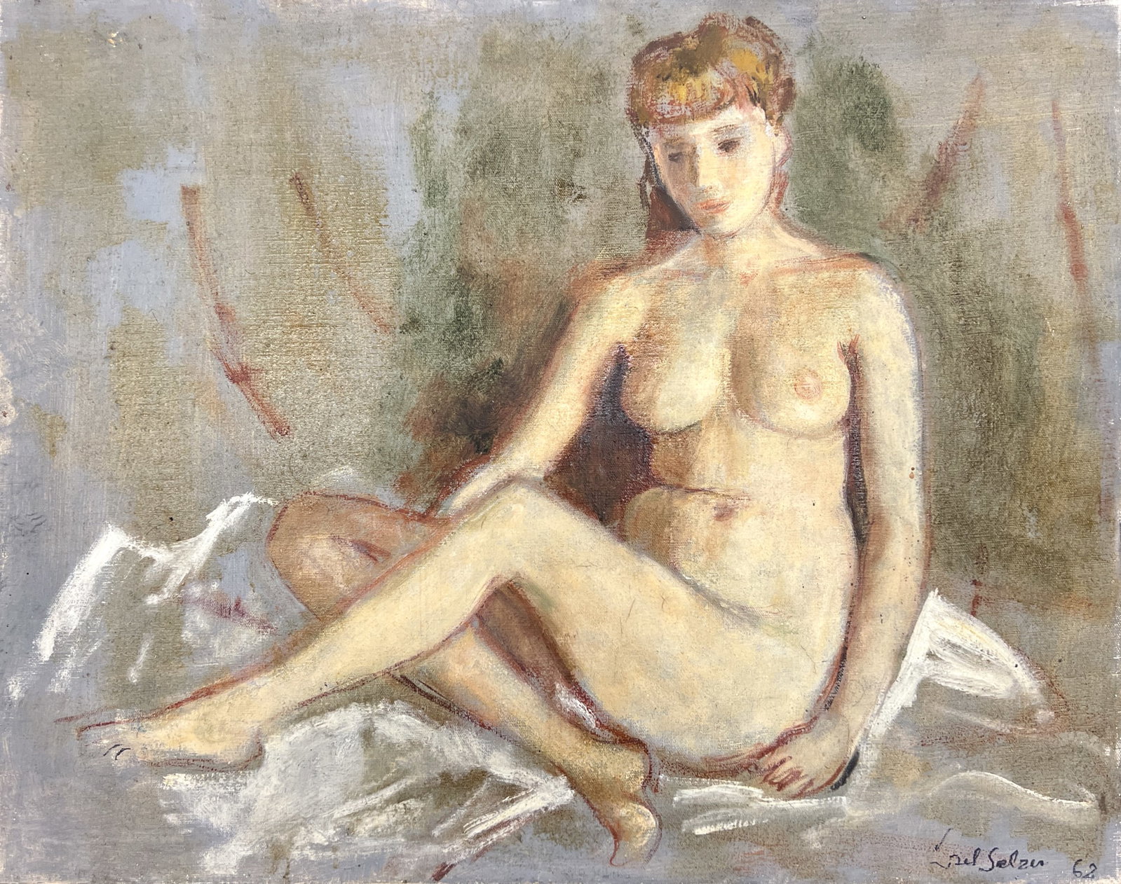 Lisel Salzer "Female Nude" 1962 Oil on Canvas: Lisel Salzer (1906-2005 Washington) "Female Nude" 1962 Oil on Canvas 22"x28" Unframed. Signed lower right. Minor paint loss along edges, some foxing.