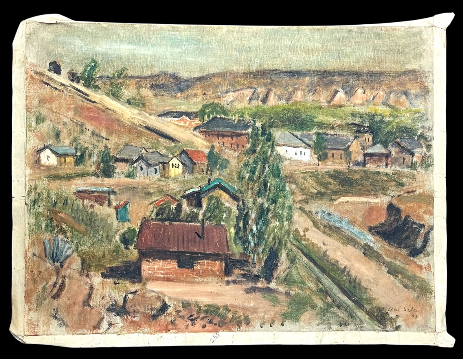 Lisel Salzer "Rural Town" 1948 Oil on Unstretched Canvas - 2