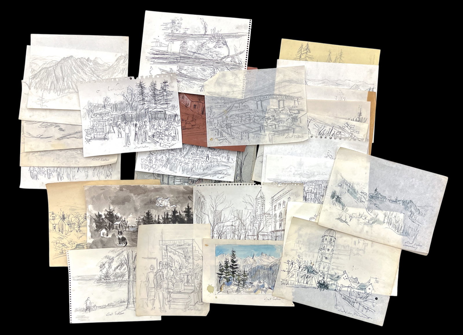 28pc Lisel Salzer Graphite on Paper etc.: 28pc Lisel Salzer (1906-2005 Washington) Graphite on Paper etc. 8.5"x11" Sheet Largest. Loose, unframed. Condition varies.