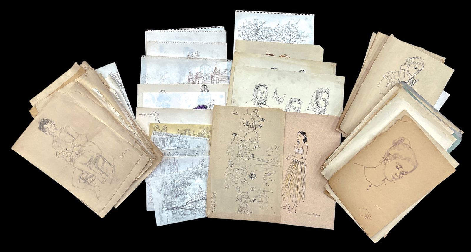 70pc Lisel Salzer Graphite on Paper etc.: 70pc Lisel Salzer (1906-2005 Washington) Graphite on Paper etc. 19"x13" Sheet Largest. Loose, unframed. Condition varies.