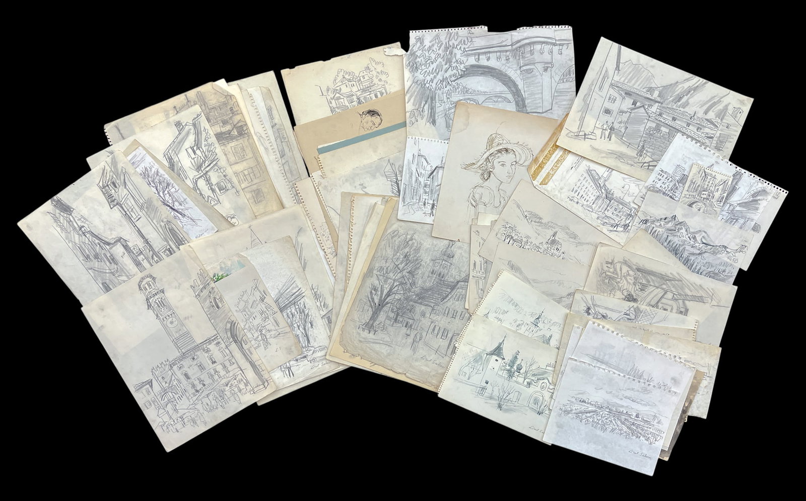 60pc Lisel Salzer Graphite on Paper etc.: 60pc Lisel Salzer (1906-2005 Washington) Graphite on Paper etc. 12"x19" Sheet Largest. Loose, unframed. Condition varies.
