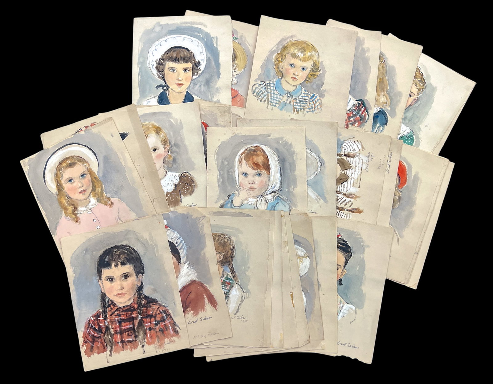 50pc Lisel Salzer 1950s Watercolor on Paper Portraits etc. (1 of 1)