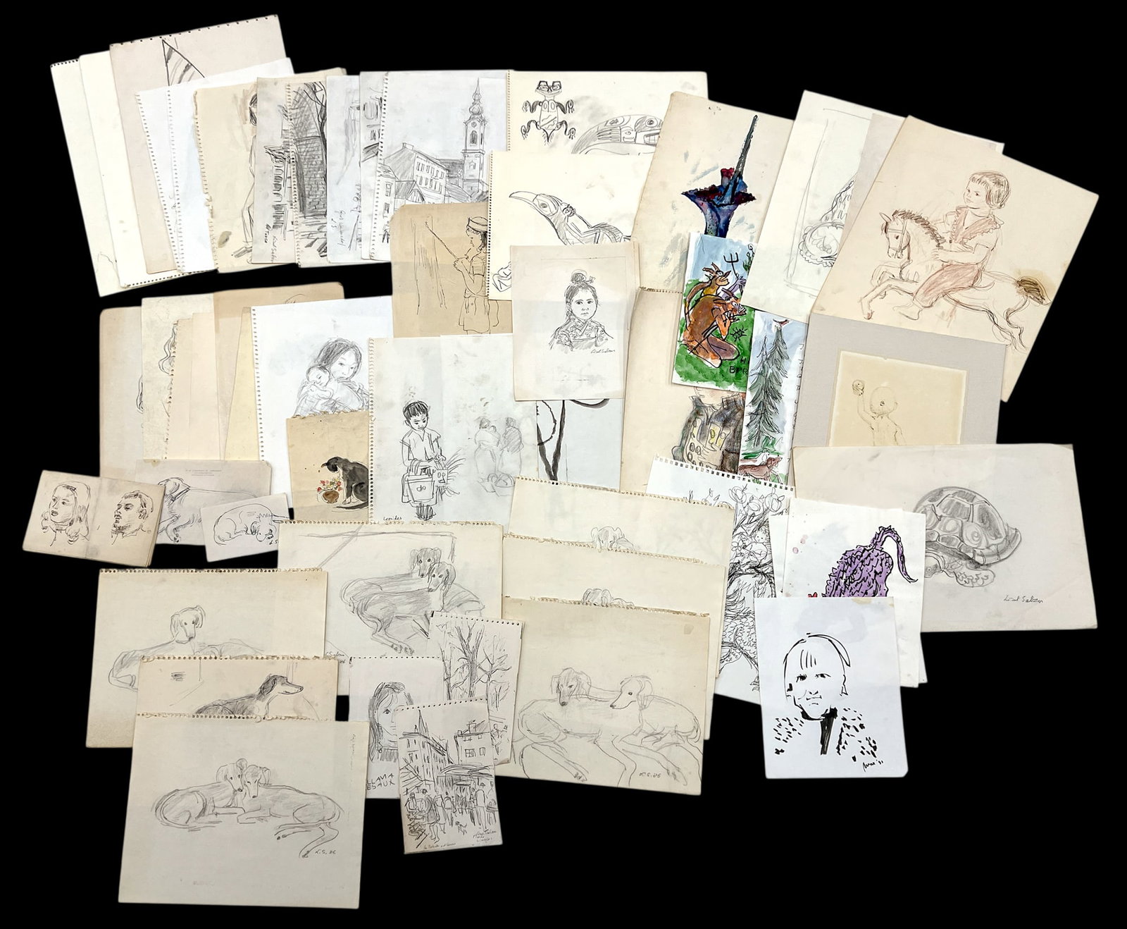 50pc Lisel Salzer Graphite on Paper etc.: 50pc Lisel Salzer (1906-2005 Washington) Graphite on Paper etc. 18"x14" Sheet Largest. Loose, unframed. Condition varies.