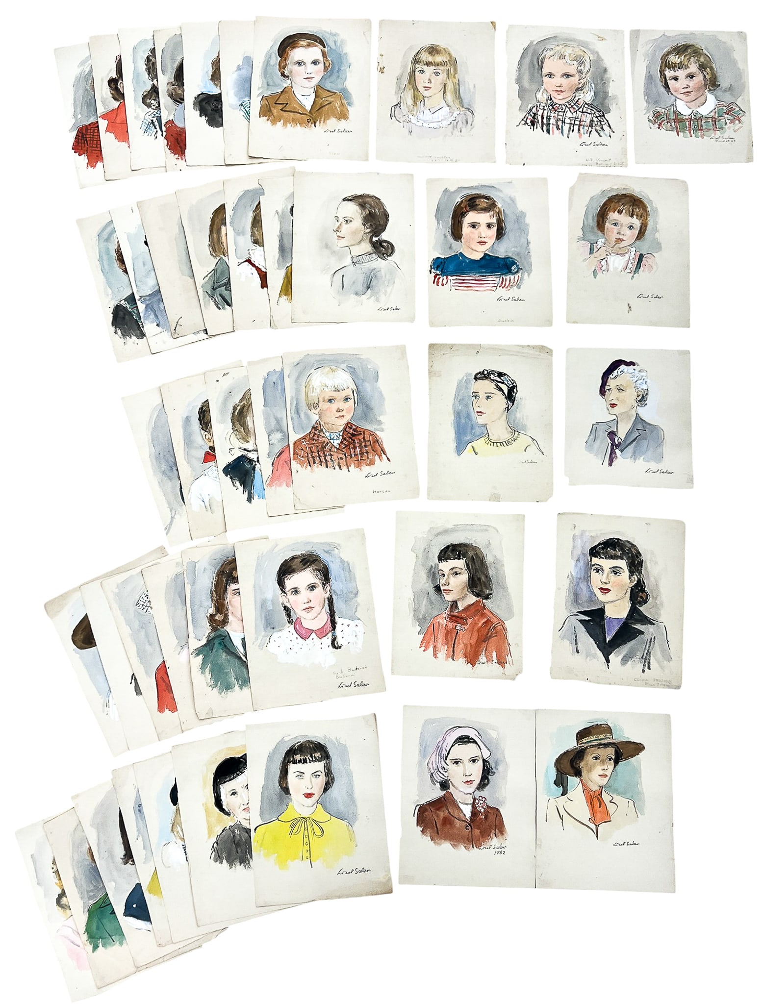 43pc Lisel Salzer Watercolor on Paper Portraits: 43pc Lisel Salzer (1906-2005 Washington) Watercolor on Paper Portraits 9"x12" Sheet Largest. Loose, unframed. Condition varies.