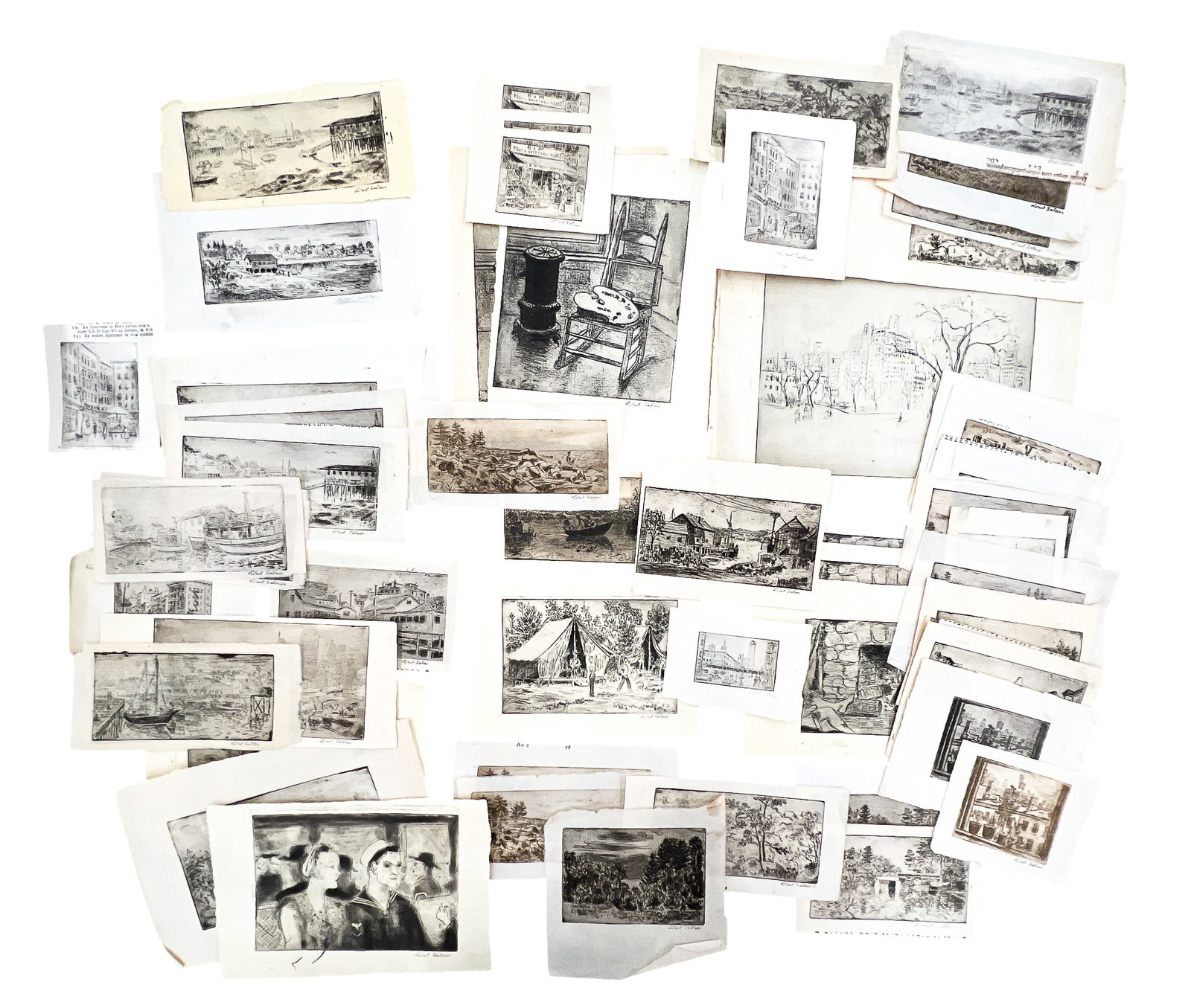 55pc Lisel Salzer Etchings: 55pc Lisel Salzer (1906-2005 Washington) Etchings 9"x12" Sheet Largest. Loose, unframed. Condition varies.
