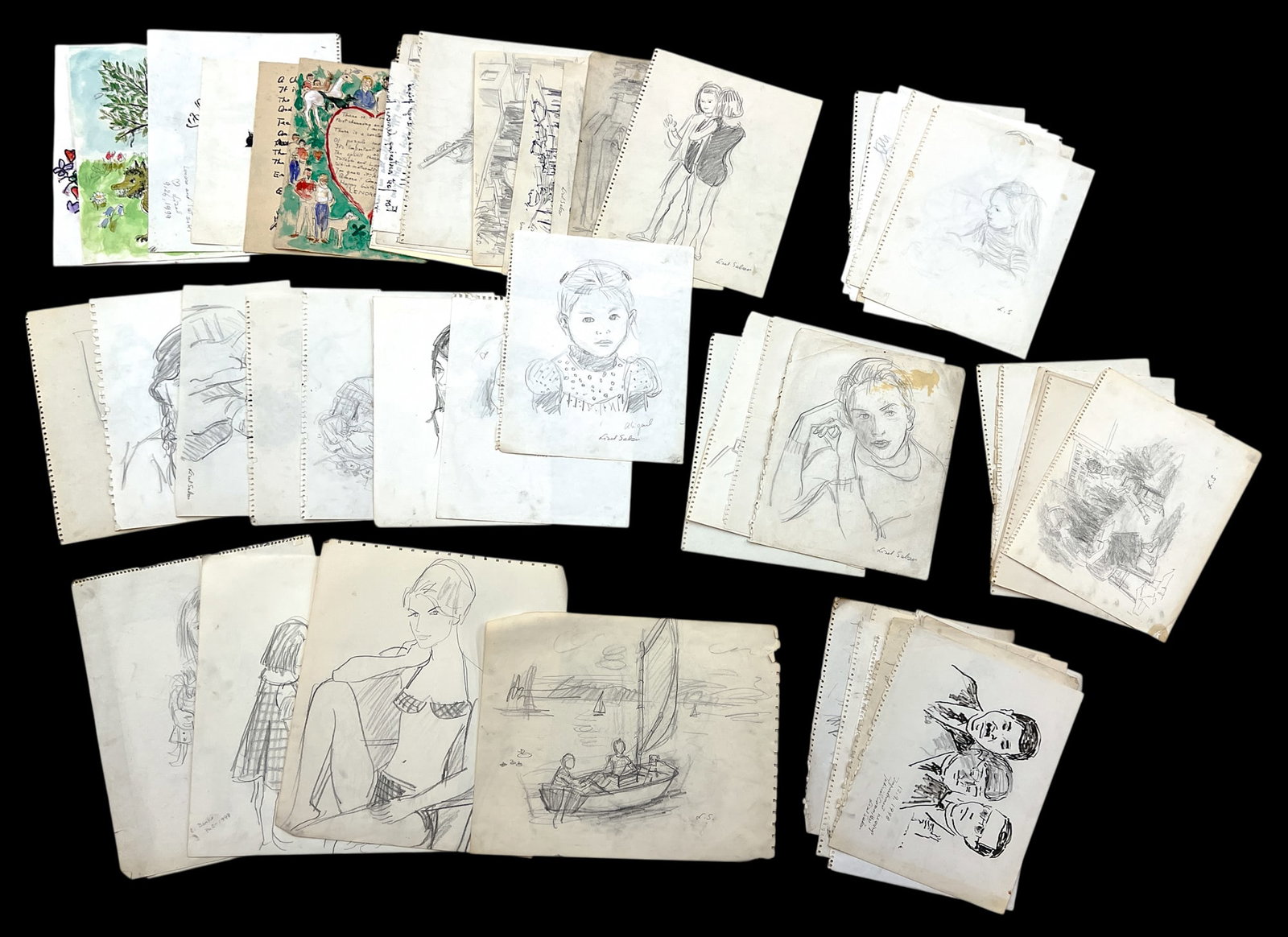 60pc Lisel Salzer Graphite on Paper etc.: 60pc Lisel Salzer (1906-2005 Washington) Graphite on Paper etc. 16"x13" Sheet Largest. Loose, unframed. Condition varies.