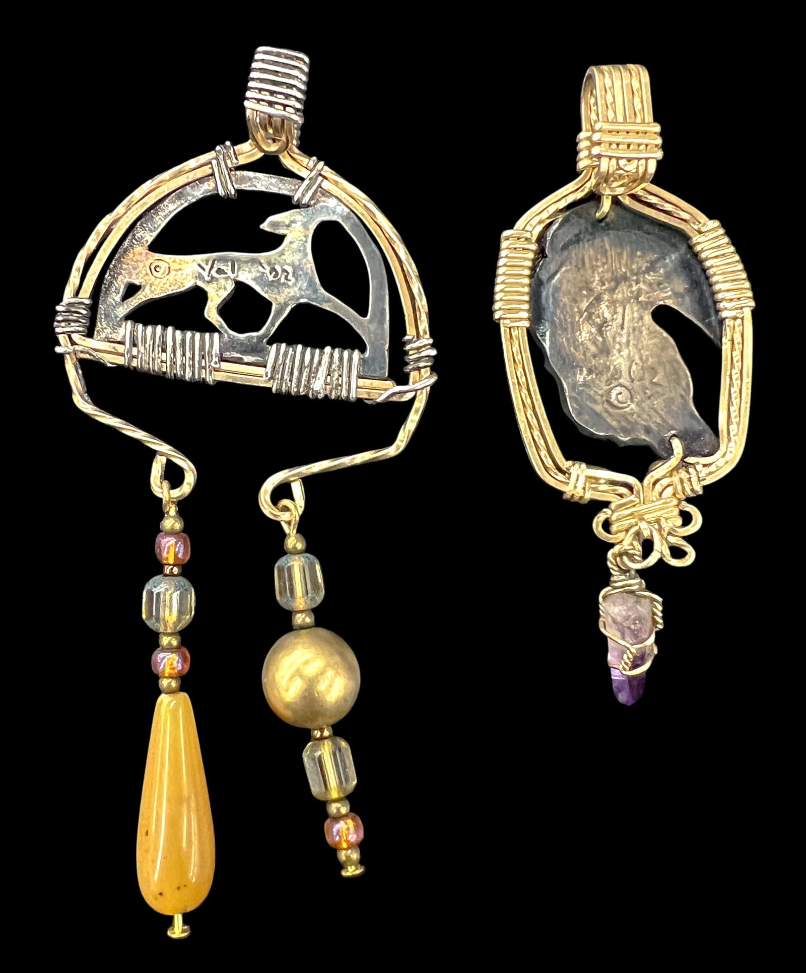2pc Artist Unknown "Saluki" 2002 Beaded Metal Pendants - 2