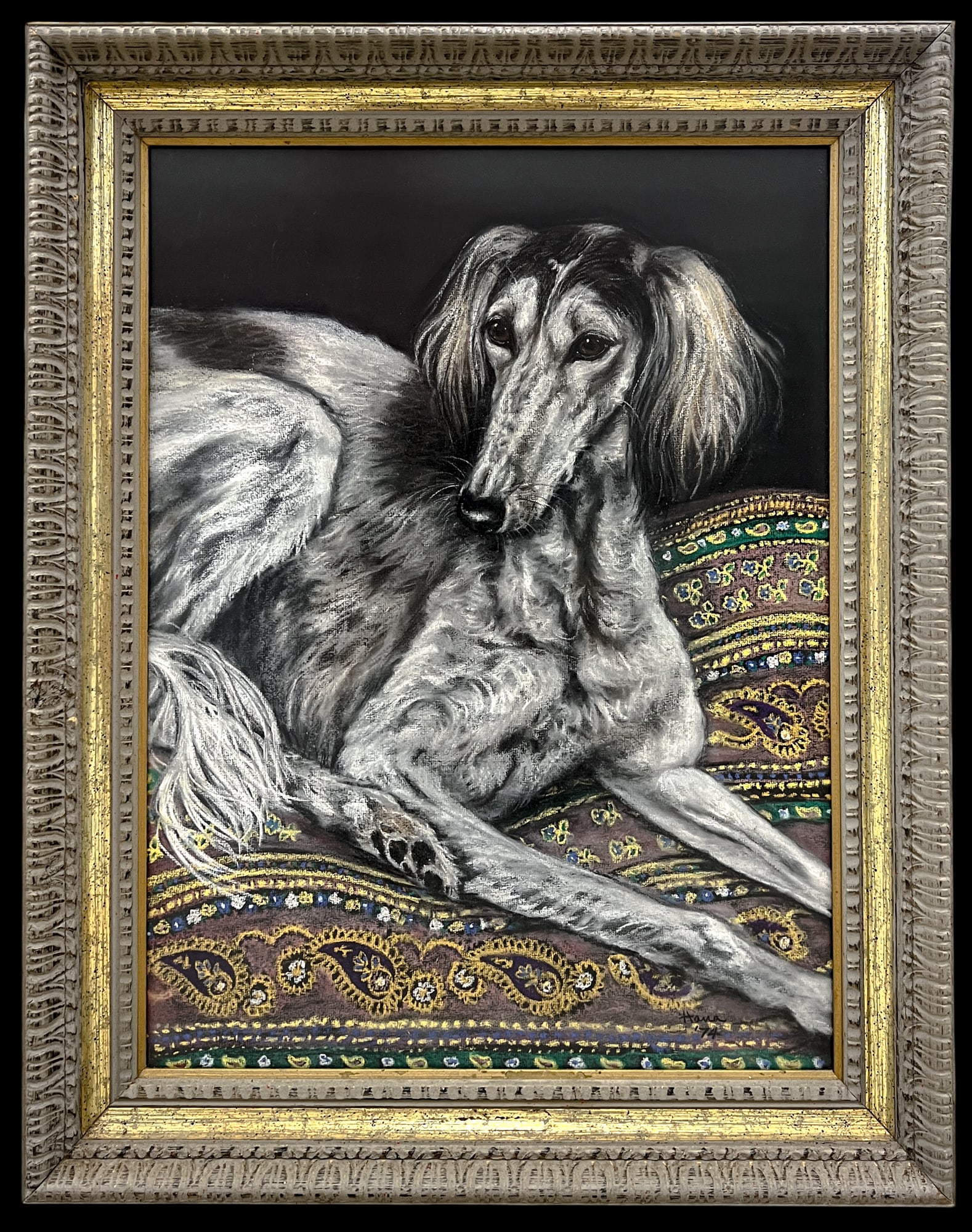 Artist Unknown "Saluki" 1974 Oil Pastel on Paper - 2