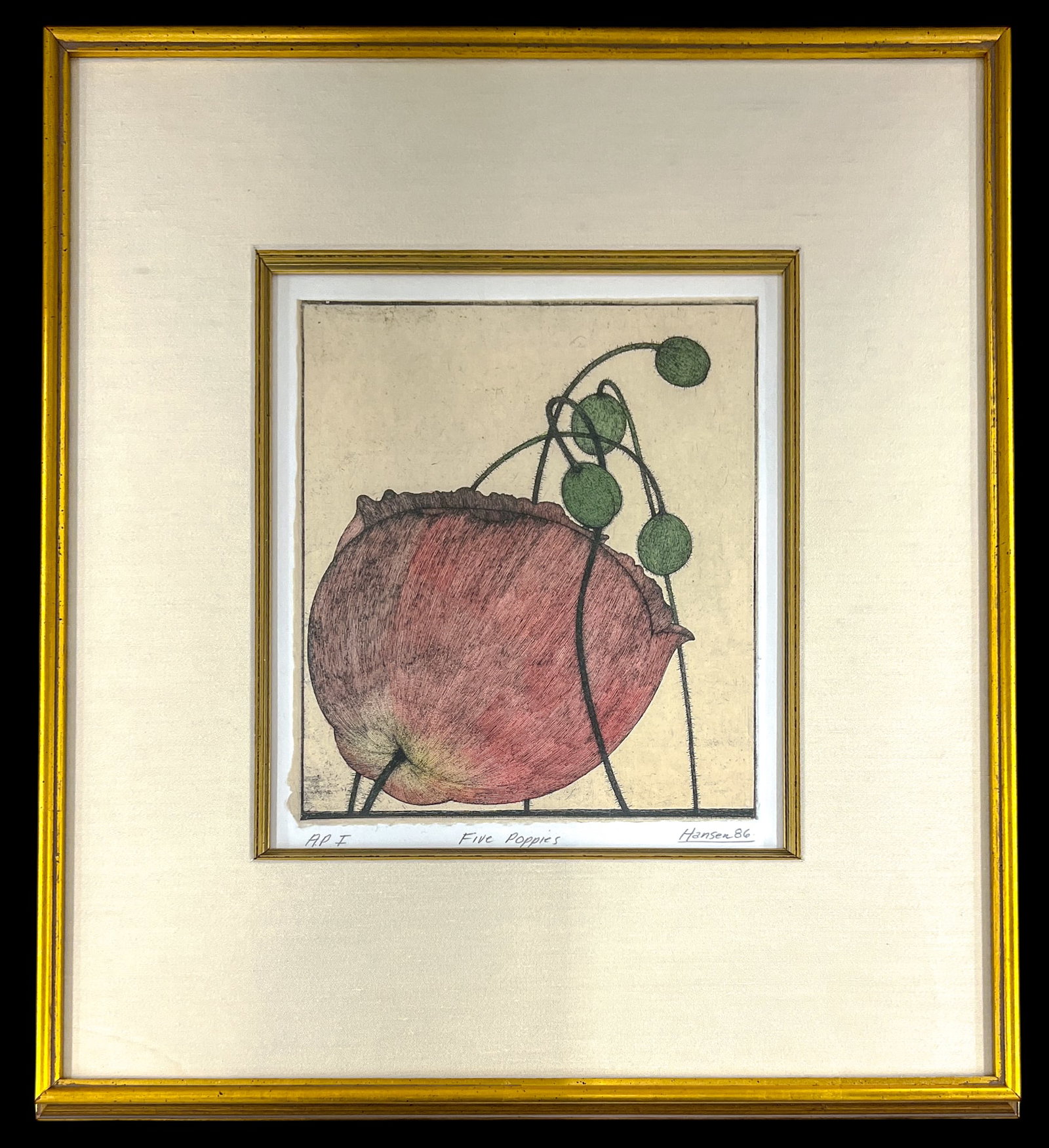 Art Hansen "Five Poppies" 1986 Artist's Proof Colored Etching - 2