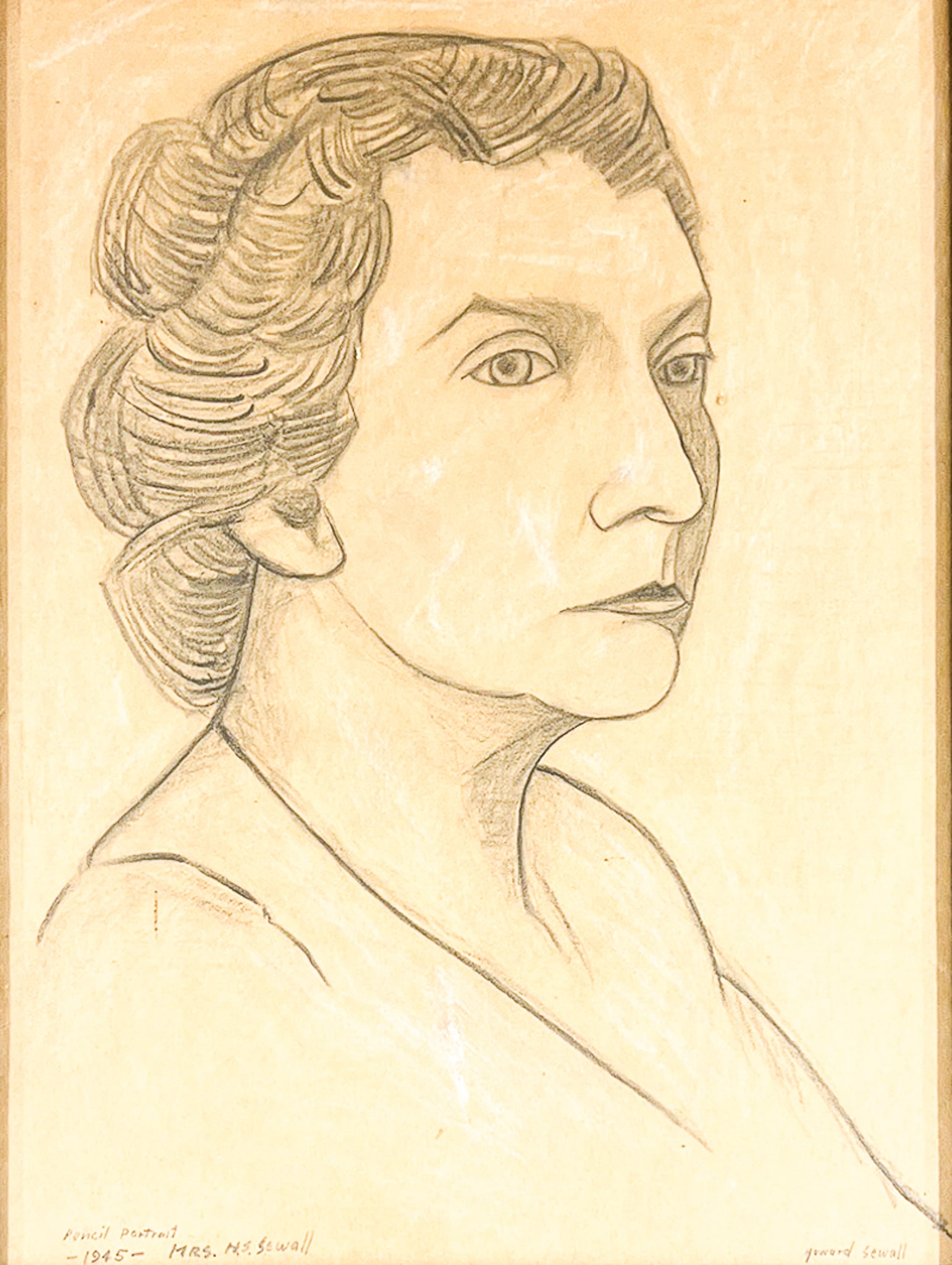 Howard Sewall "Mrs. H.S. Sewall" 1945 Graphite on Paper: Howard Sewall (1899-1975 Oregon) "Mrs. H.S. Sewall" 1945 Graphite on Paper 12"x8.5" Image 18.5"x15.5" Framed. Signed lower right. Excellent condition, not examined outside of framing.