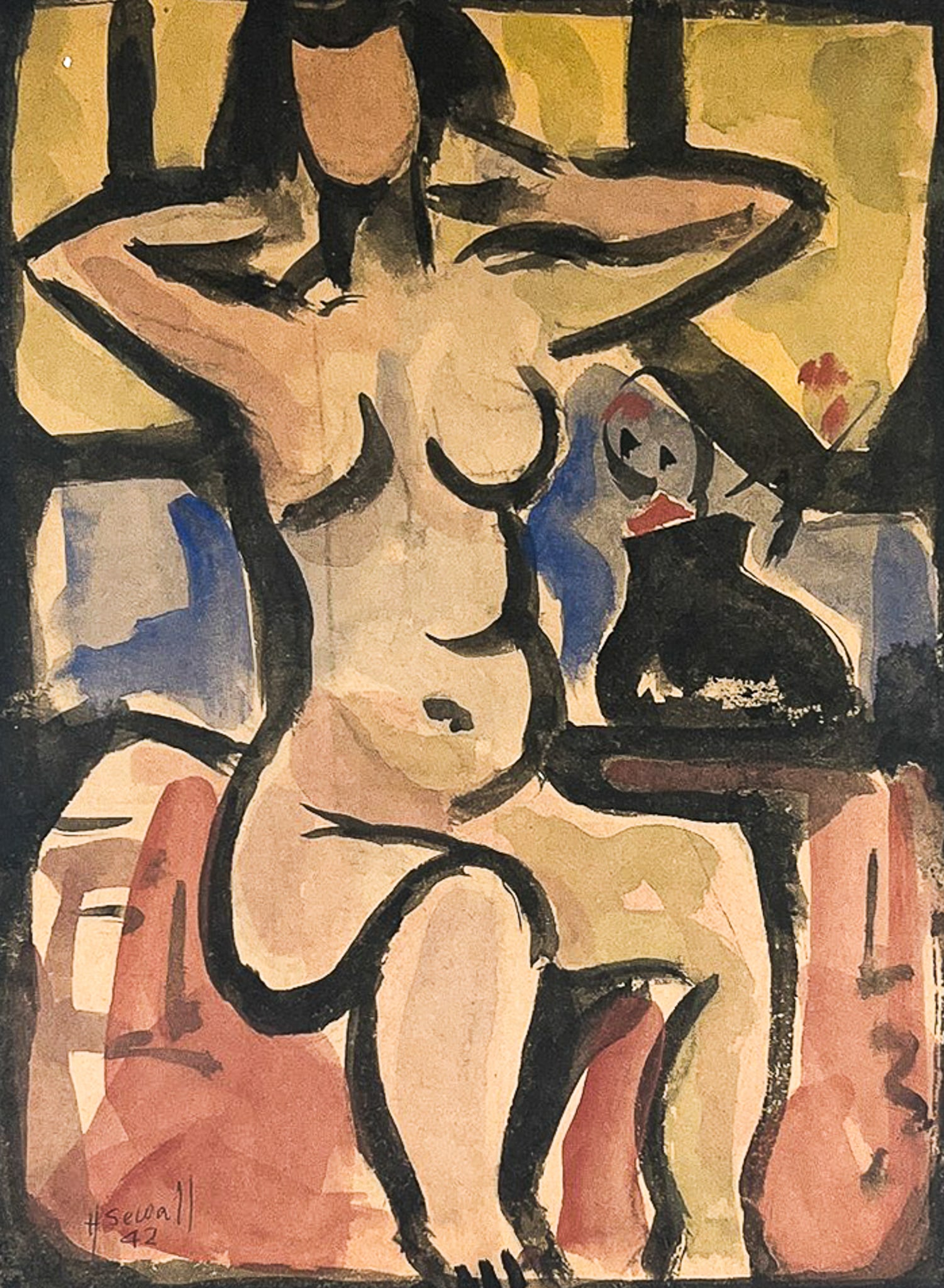 Howard Sewall "Morning Nude" 1942 Watercolor on Paper: Howard Sewall (1899-1975 Oregon) "Morning Nude" 1942 Watercolor on Paper 11.5"x8.5" Image 20.5"x17" Framed. Signed lower right. Excellent condition, not examined outside of framing.