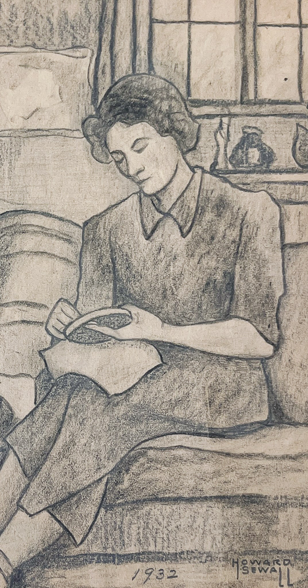 Howard Sewall "Woman Sewing" 1932 Graphite on Paper: Howard Sewall (1899-1975 Oregon) "Woman Sewing" 1932 Graphite on Paper 6.5"x3.5" Image 13.5"x10.5" Framed. Signed lower right. Excellent condition, not examined outside of framing.