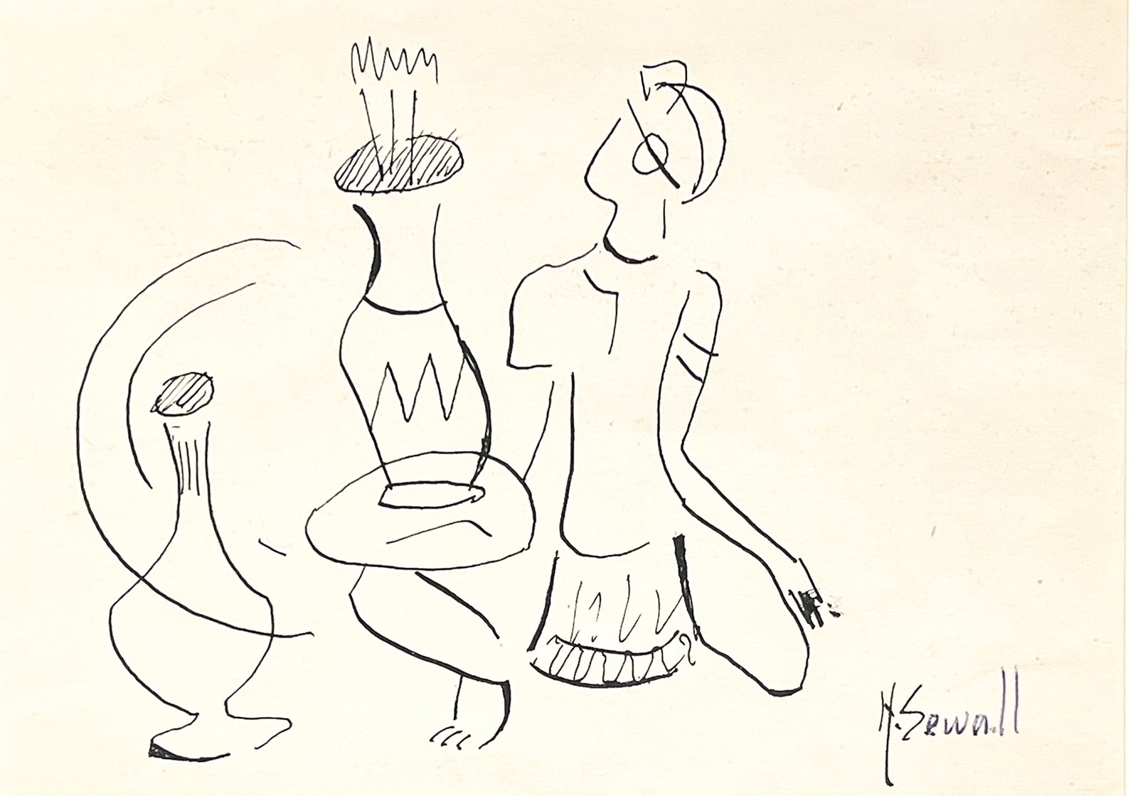 Howard Sewall "Vase Dancer" Ink on Paper: Howard Sewall (1899-1975 Oregon) "Vase Dancer" Ink on Paper 5"x7" Image 14"x16" Framed. Signed lower right. Excellent condition, not examined outside of framing.